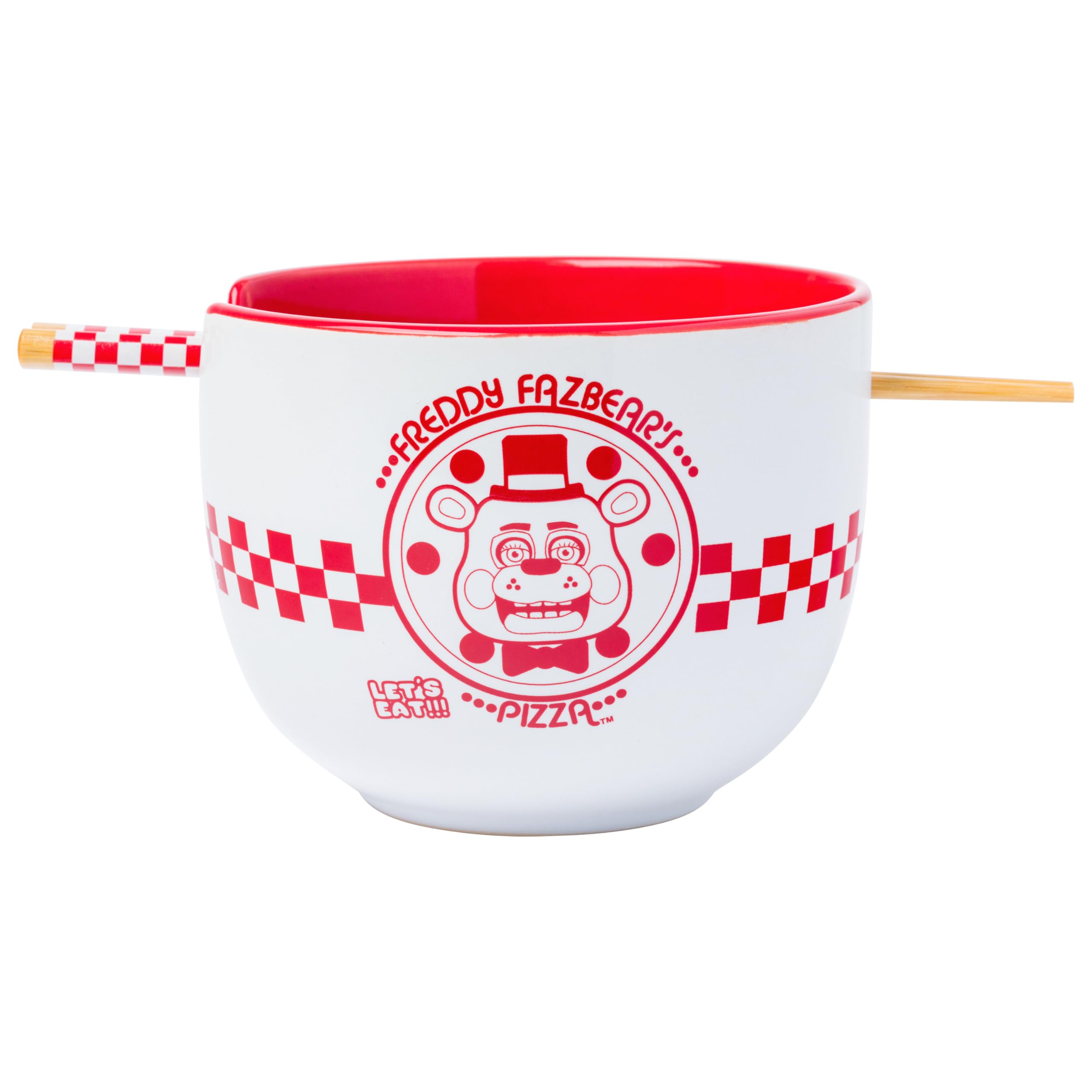 Five Nights at Freddy's Freddy Fazbear Pizza Box Ceramic Ramen Noodle Rice Bowl with Chopsticks and Spoon, Microwave Safe, 20 Ounces