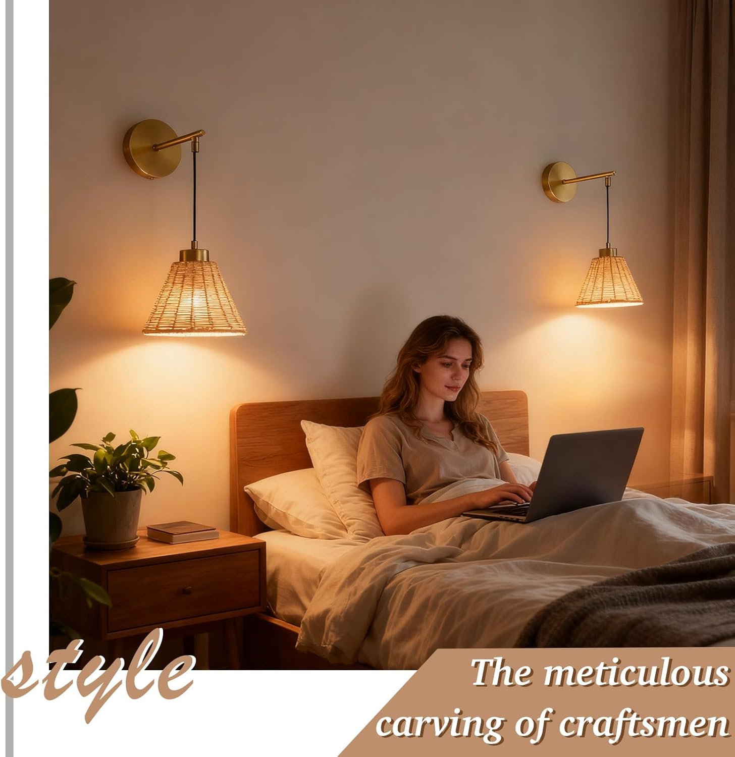 Hamilyeah Cordless Battery Operated Wall Sconces Set of 2, Boho Rattan Woven Gold Sconces Wall Lighting with Remote, Dimmable Rechargeable Wireless Wall Lamps for Bedroom, Living Room, Hallway