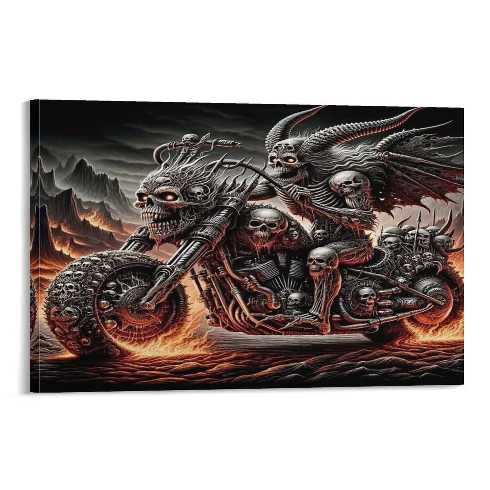 CPLVKWRQJ Skeleton Biker in Neon-lit Apocalyptic Scene Skeleton Biker Riding Fiery Skull Motorcycle Canvas Wall Hanging - Office Wall Focal Art Fade Resistant Statement Piece Decor 20x30inch(50x75cm)
