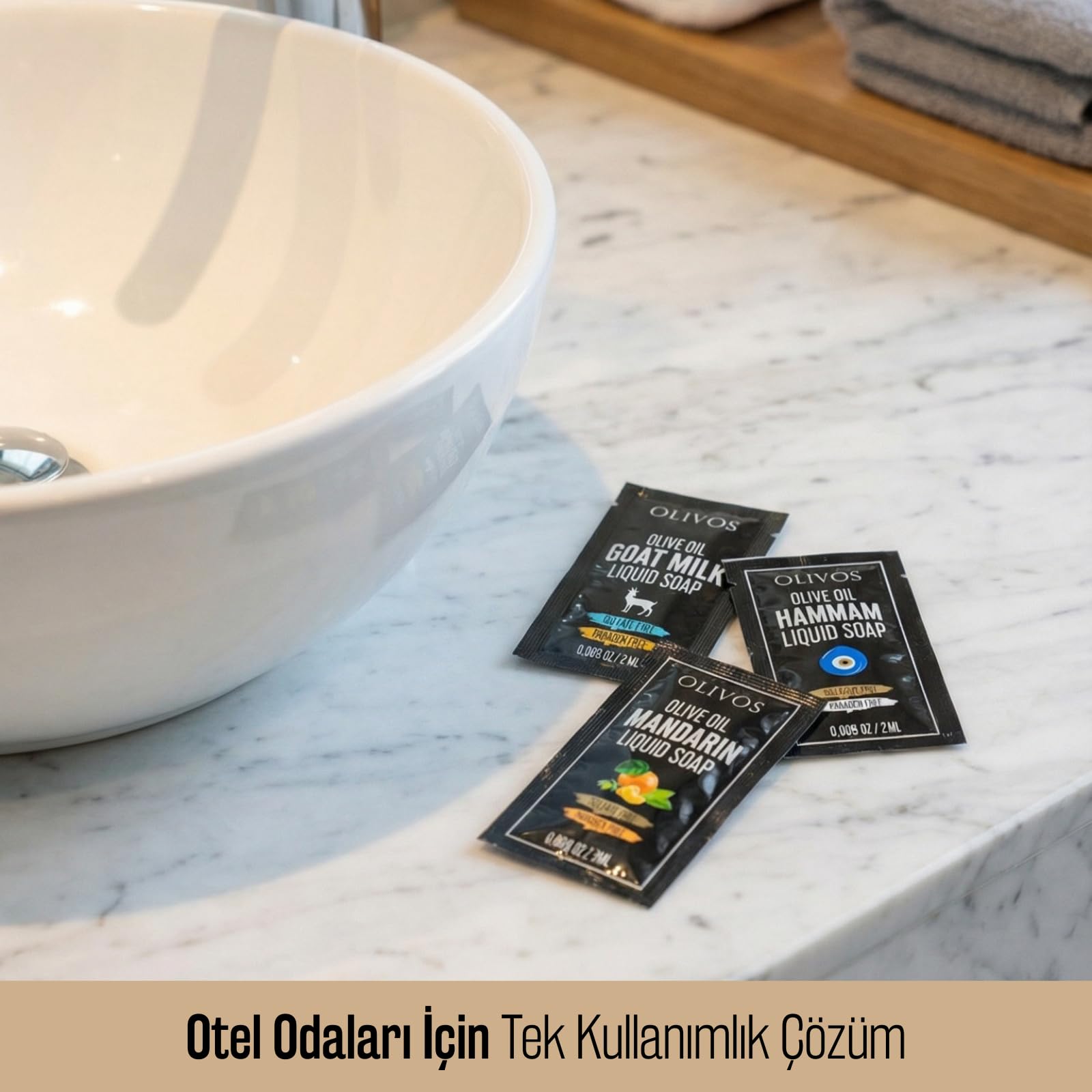 OLIVOS Tek Kullanımlık Zeytinyağlı Sıvı Sabun Seti, 2 ml x 75 Adet, Mandalina Hamam Keçi Sütü Serileri, Okul Seyahat Otel için, Paraben ve Sülfat İçermez, El Temizliği