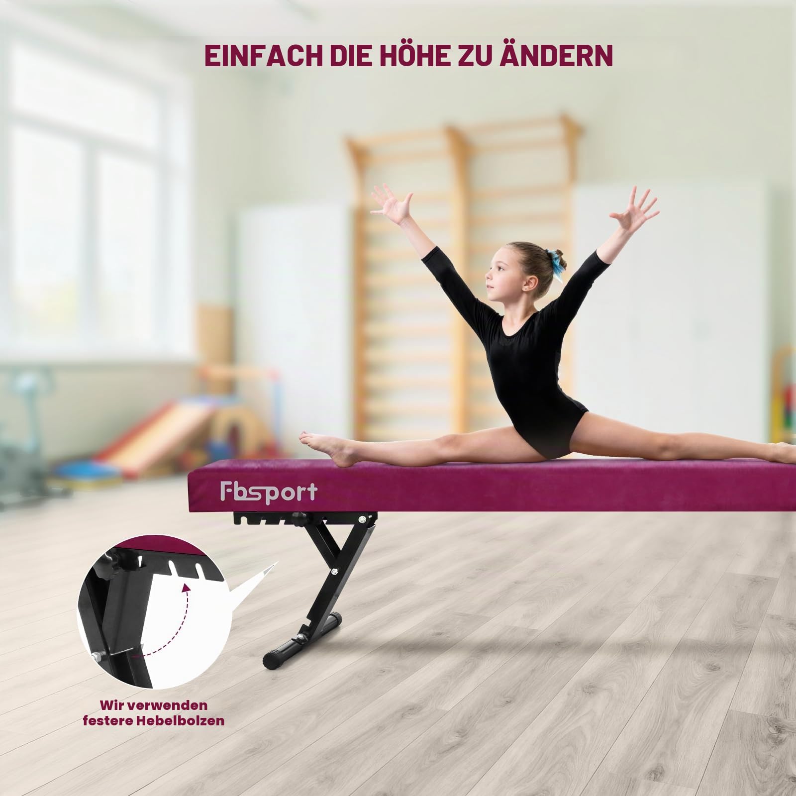 FBSPORT Schwebebalken Kinder Einstellbare Gymnastik Balance Beam 244CM, 5 Höhen Einstellbare High und Low Level Floor Beam Hoch Stabile Gym Praxis Trainingsgeräte für zuhause/Erwachsene