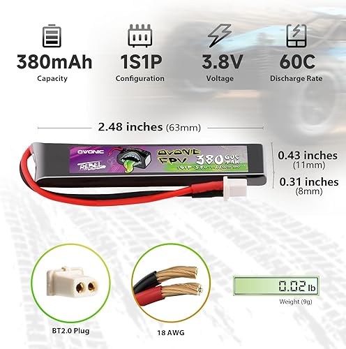 Miniatura 2 de OVONIC Batería Lipo 1S 380mAh 3.8V 60C Batería de alto voltaje con enchufe BT2.0 para RC Car Truck RC Vehículos RC Barco, Dron, Avión RC Quadcopter