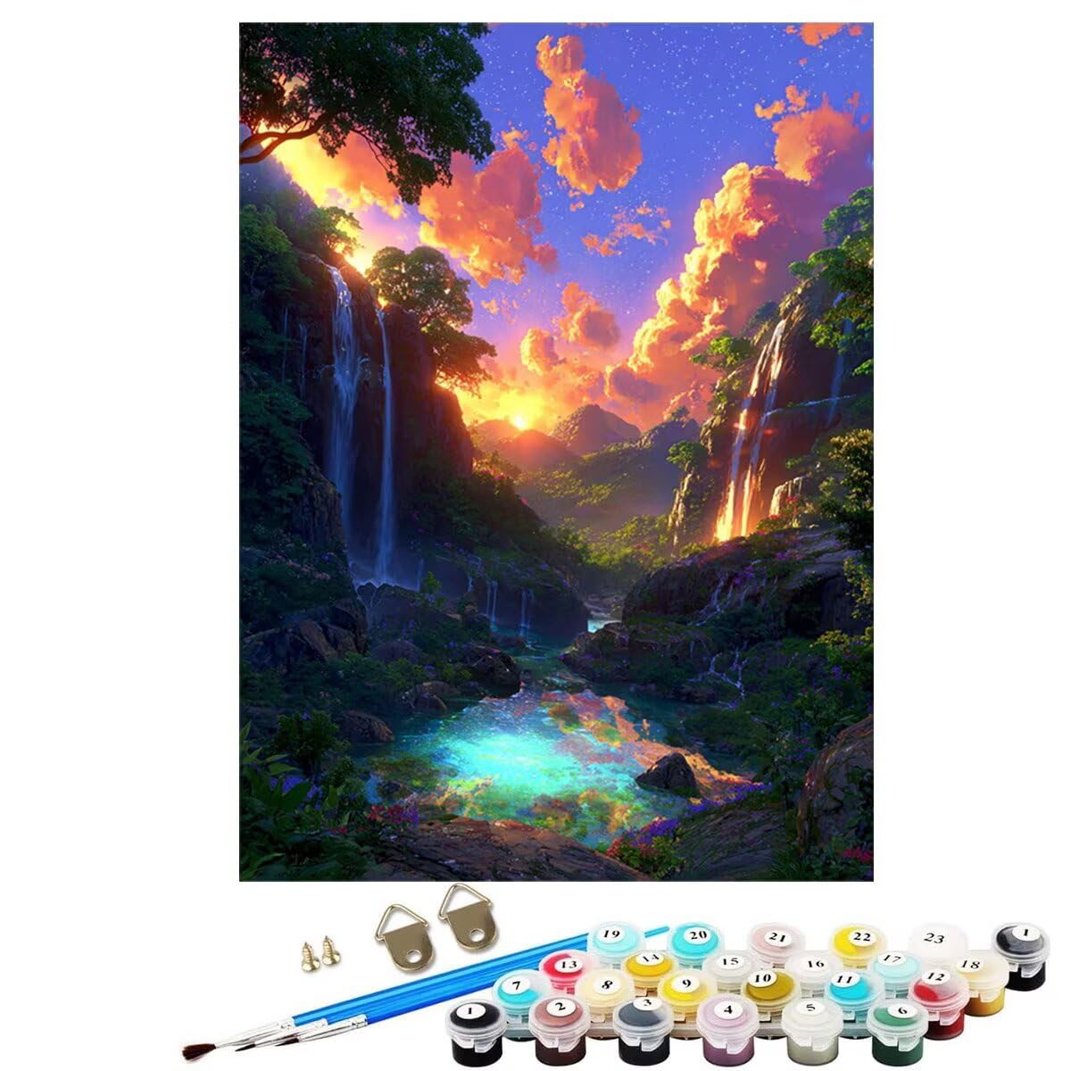 Landschaft Berg Malen Nach Zahlen Erwachsene, Paint by Numbers Adult Anfänger Set, Heimwerk Malen Nach Zahlen Kinder Mit Rahmen, 3 Pinsel und 36 Acrylfarbe Als für Deko Wohnzimmer 60 x 80 cm BJHDK482