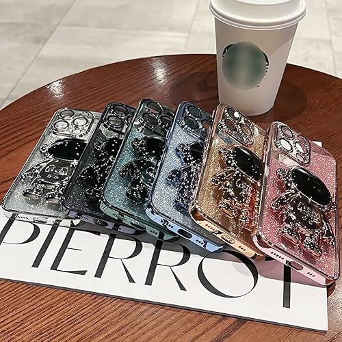 Miniatura 6 de KJArrow Funda rosa para iPhone 14 Pro con bonito soporte oculto de astronauta funda brillante para niñas chapado en 6D funda protectora de TPU suave