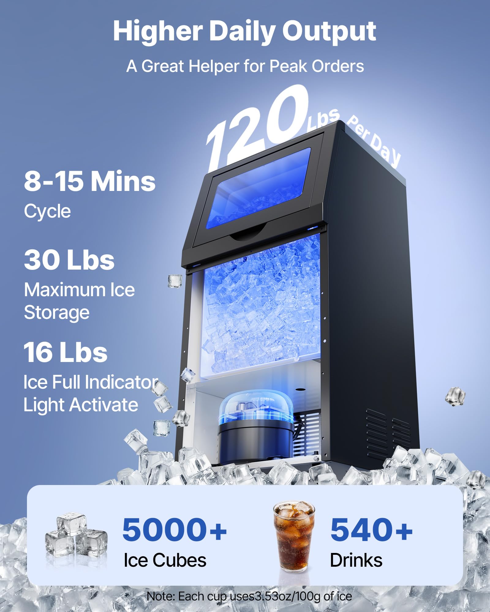 VEVOR Kommerzielle Eismaschine 54 kg/Tag, Eiswürfelbereiter mit 14 kg Eisvorratskapazität, Eiswürfelmaschine aus Edelstahl mit LED-Anzeige und Selbstreinigung, Ideal für Restaurant, Café und Bar