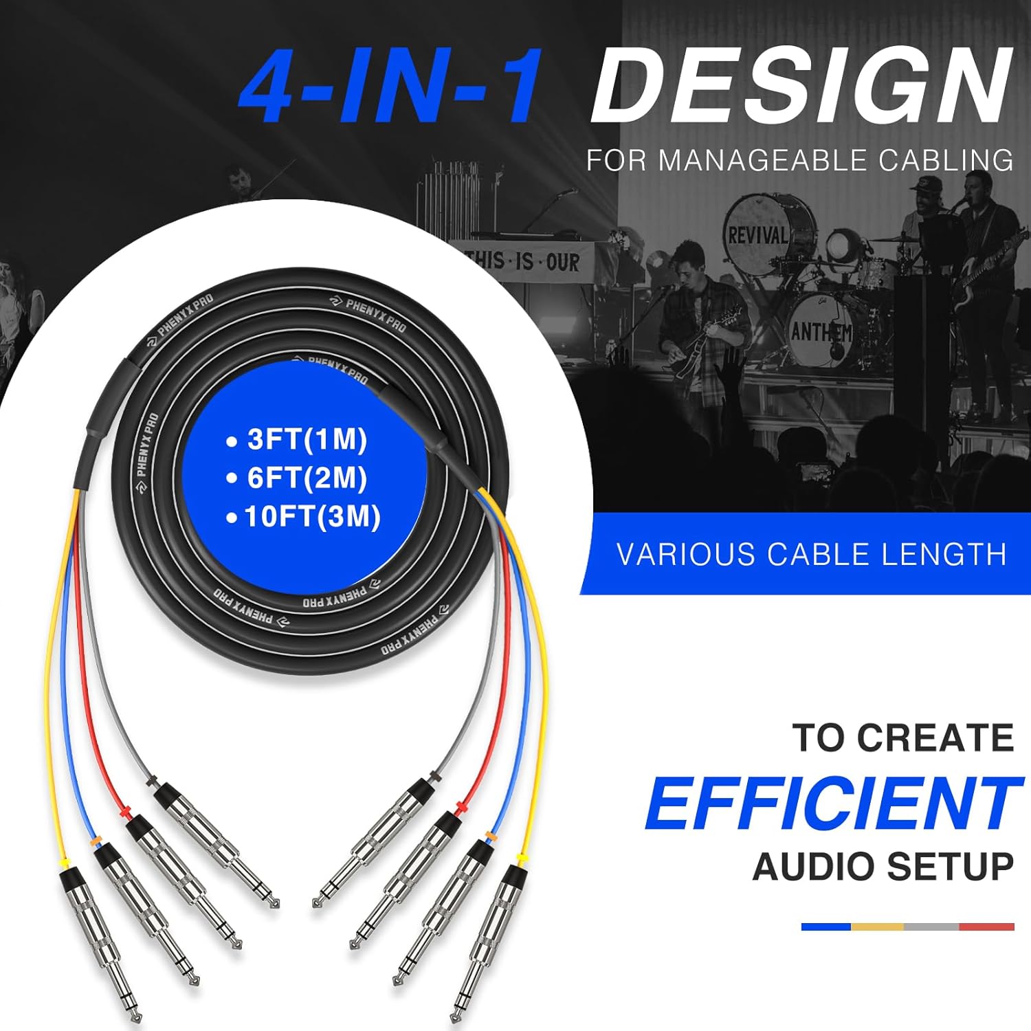 Phenyx Pro 10 Ft TRS Snake Cable, 1/4" Cable, Color-Coded TRS Patch Wire, 4-Channel Audio Cord w/24 AWG OFC Copper, Balanced 1/4-Inch Cord for Guitar, Bass & AMP (PCBL-QR4IN1-10)