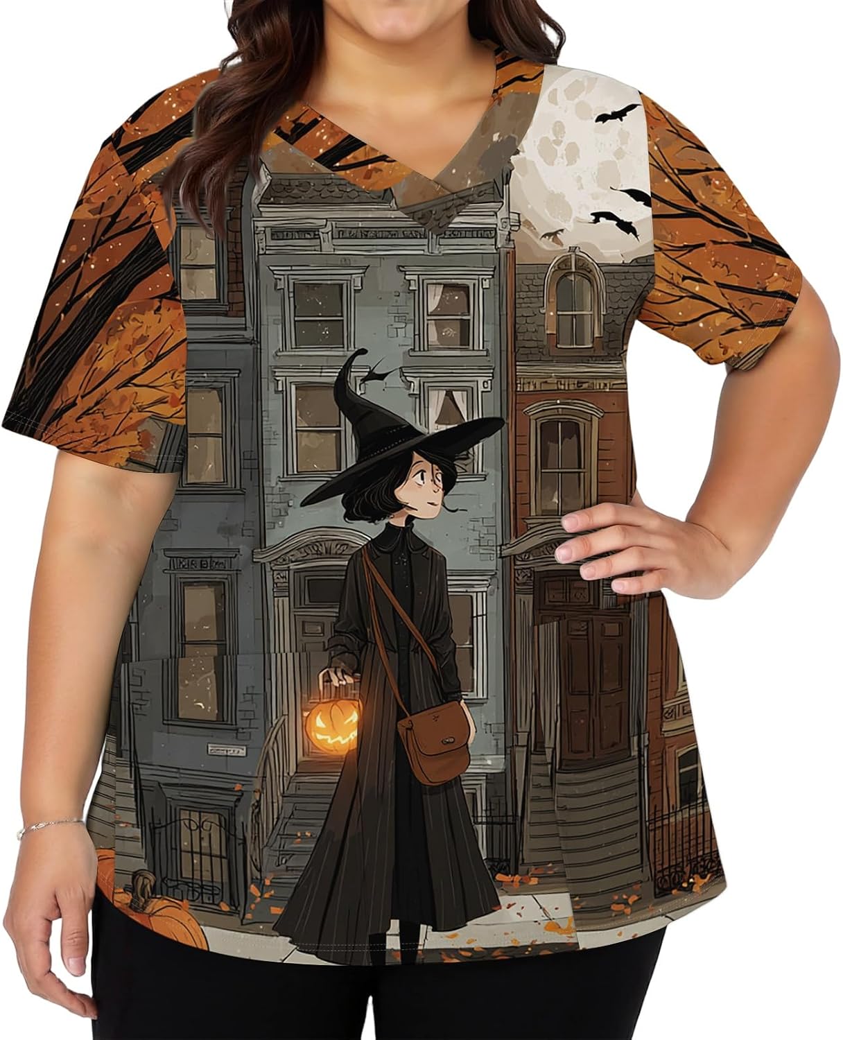 Women's Halloween Tops, Short Sleeve V-Neck Cute Holiday Shirts with Pockets, S-5XL