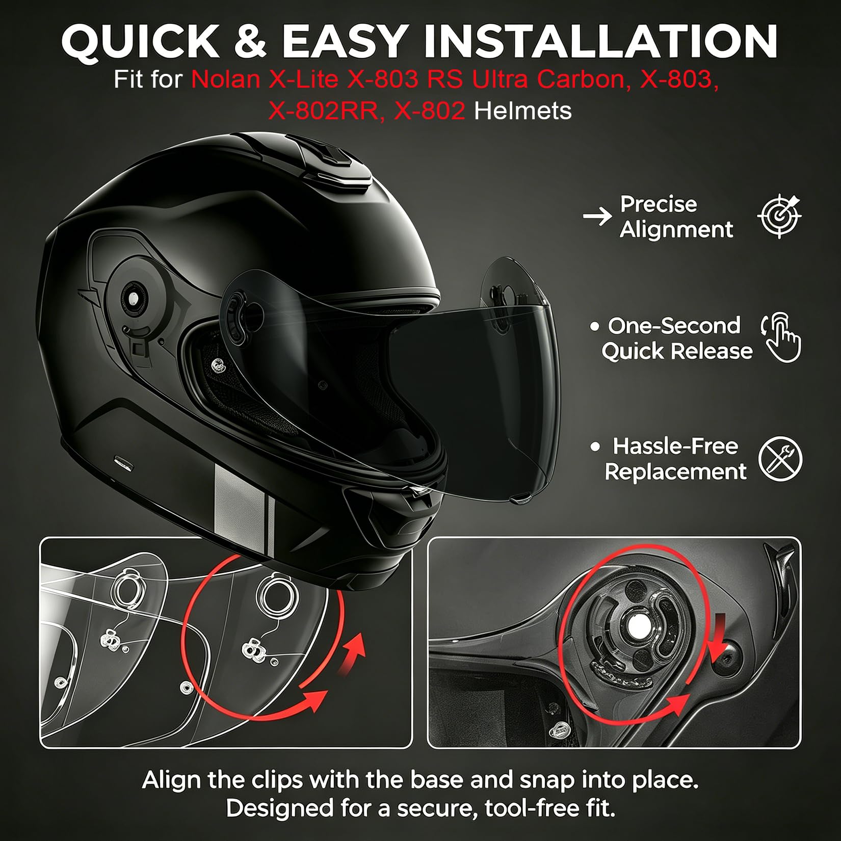 PSLER Visiera per Casco per Nolan X-Lite X-803 RS Ultra Carbon, X-803, X-802RR, X-802, Ricambio Visiera Anti-Graffio e UV, Pinlock Ready(Nero Chiaro)