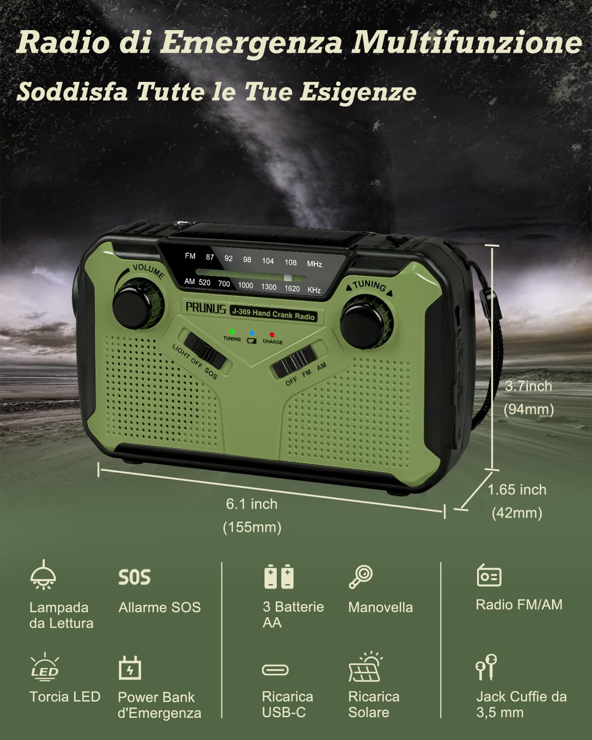 PRUNUS J-369 Radio Portatile Emergenza FM/AM, Radiolina a Manovella Dinamo, Solare con Batteria 3000 mAh, Allarme SOS, Torcia, Verde