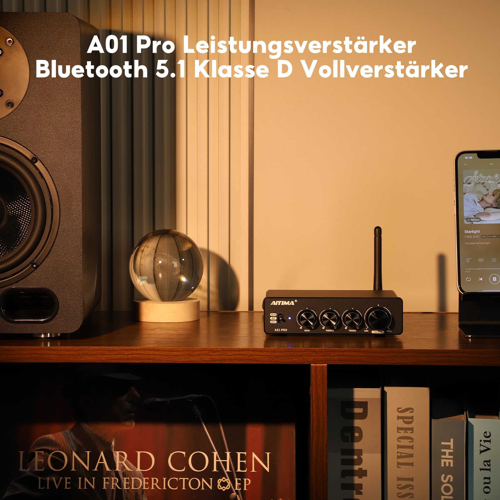 AIYIMA A01 PRO TPA3116 100W x2 Bluetooth 5.1 Hifi-Stereo-Desktop-Verstärker | 2.1-Kanal-Class-D-Verstärker,Höhen-/Mitten-/Bassregelung,QCC3034 aptX,3,5-mm-AUX-Ausgang für passive Heimkino-Lautsprecher