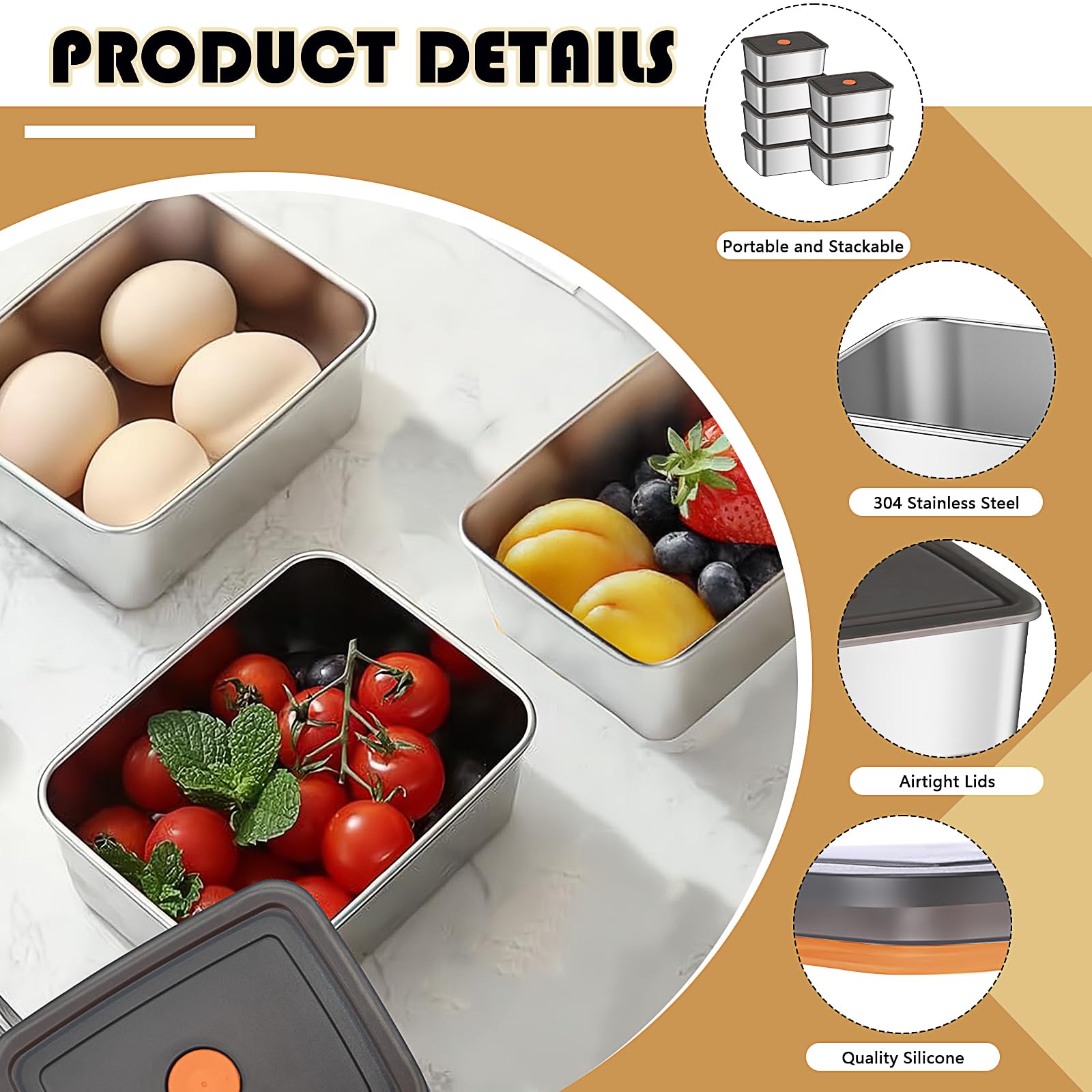 Confezione da 10 contenitori per alimenti in acciaio inox, 590 ml, con coperchi ermetici, contenitori in metallo, impilabili, riutilizzabili, per Bento Pasti, Preparazione lavabile in