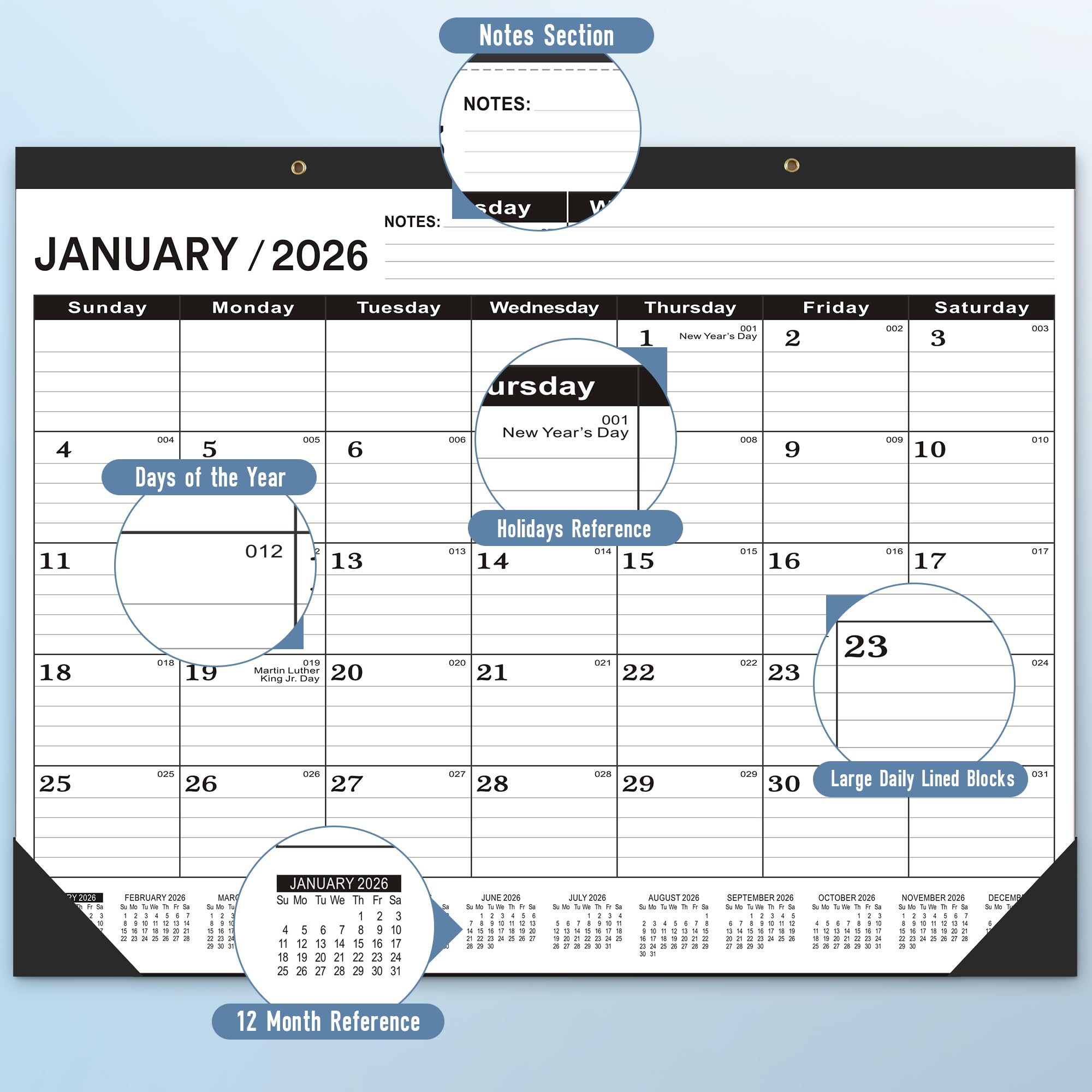 Wabhas Calendario da scrivania 2024, grande, 55 x 43 cm, da gennaio 2024 a giugno 2025, calendario 2024, 18 mensili, grande calendario da parete 2024-2025, con fori rotondi e lista note (nero)