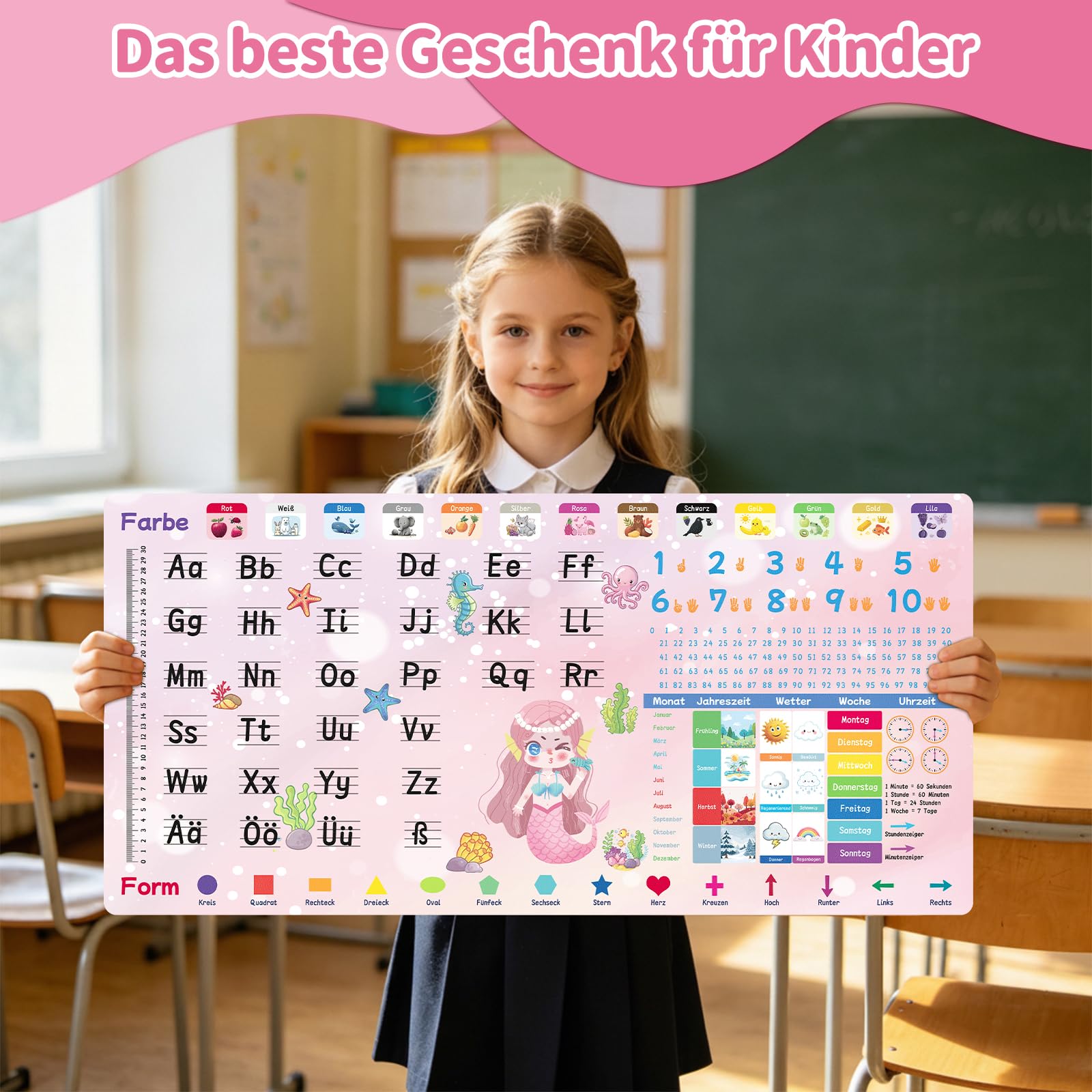 Niviy Schreibtischunterlage Kinder 80X40CM Meerjungfrau | XXL Mauspad Lernunterlage PU-Leder, rutschfest, wasserfest, abwischbar, Schreibunterlage Geschenk für Mädchen Schulanfang