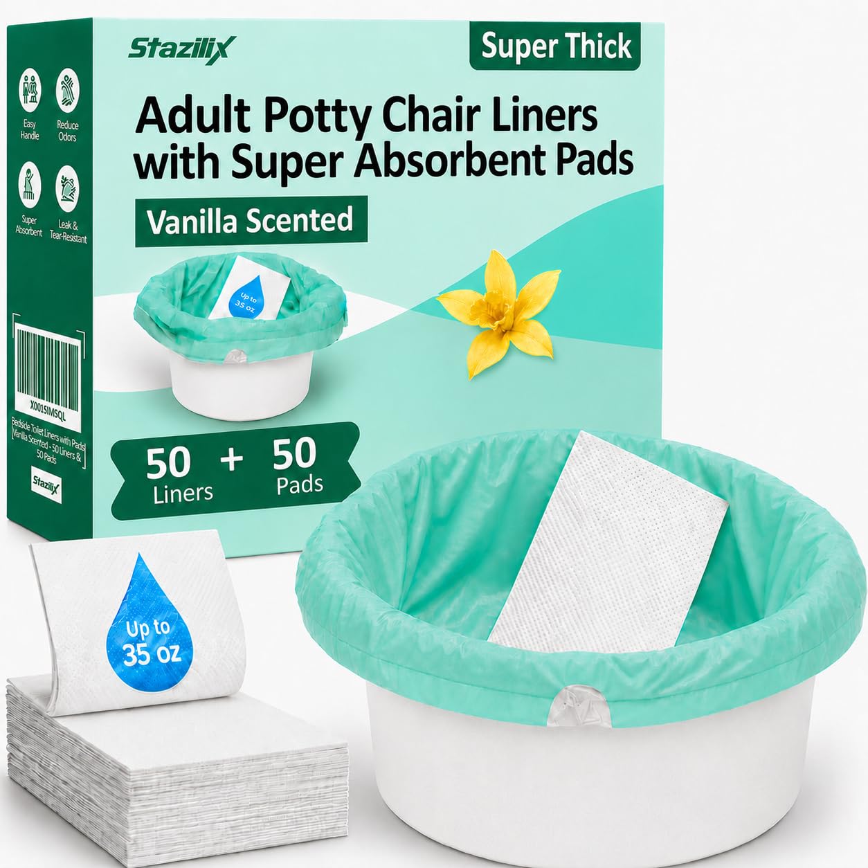 Bedside Commode Toilet Liners with Absorbent Pad, 50 Liners + Pads