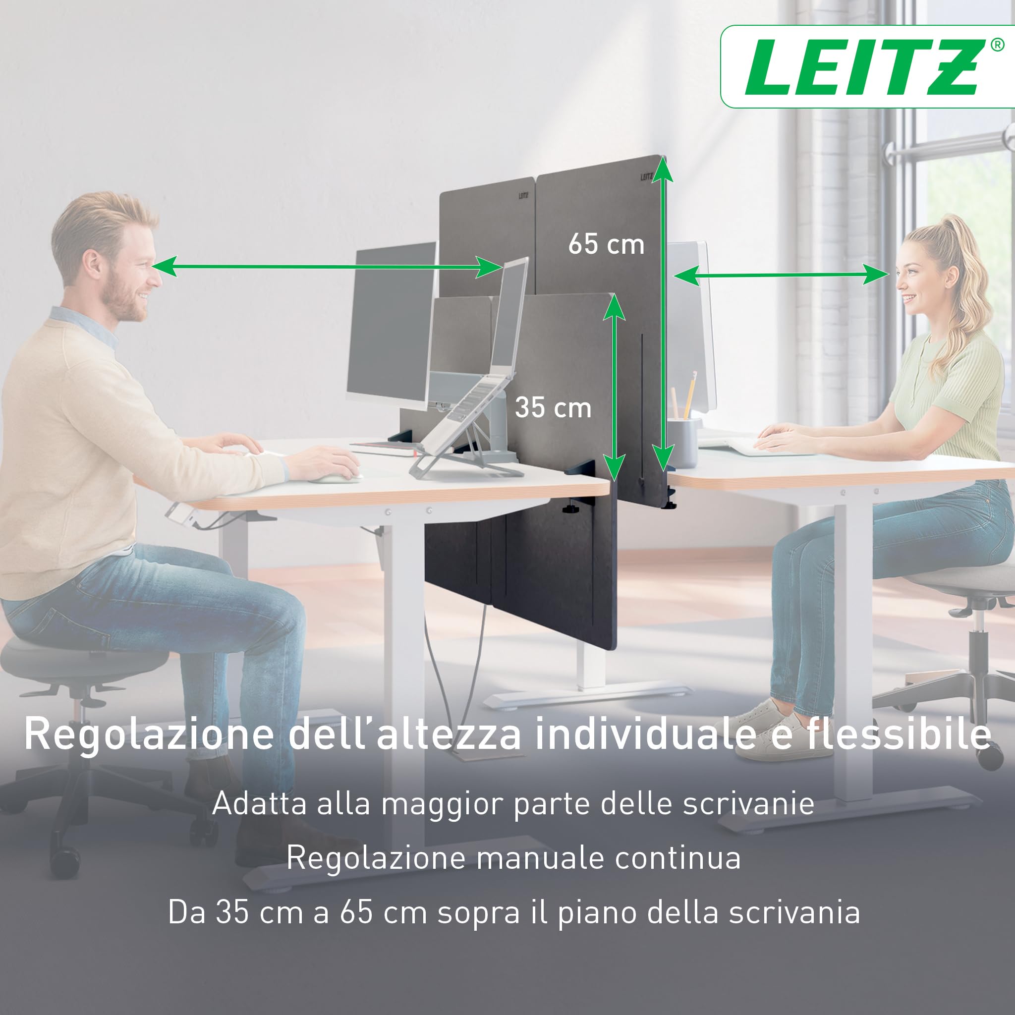 Leitz Divisorio Scrivania Regolabile in Altezza - Pannello Scrivania con Regolazione Continua, Materiali Fonoassorbenti e Morsetto Sicuro - 80 x 70cm