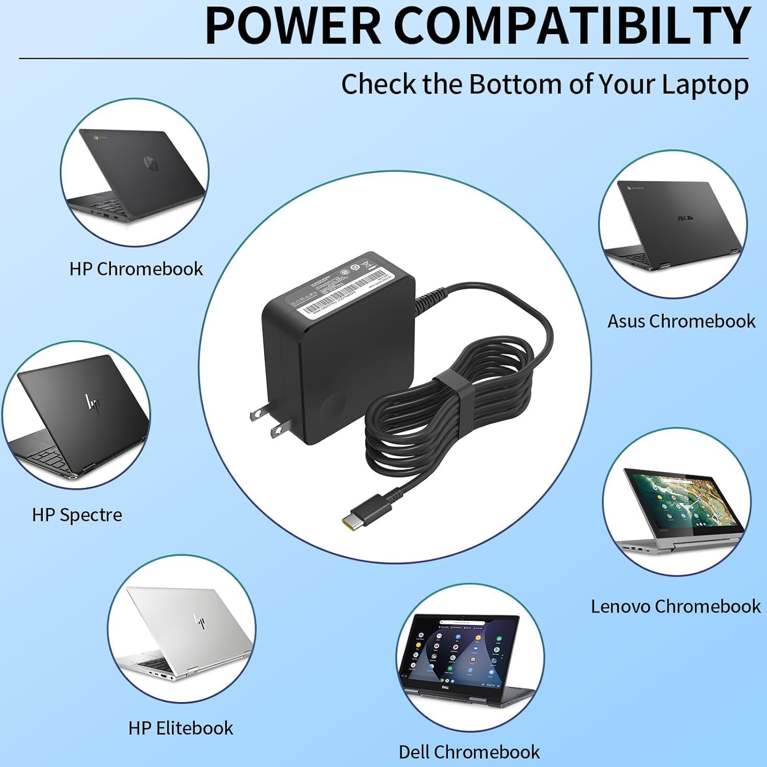 65w USB C Type C Ac Charger fit for Lenovo ThinkPad X1 T14 T14s T15 T16 T480 T490 T570 T580 Yoga C930 C940 C740 Chromebook C330 S330 100e 300e 500e Laptop Power Adapter