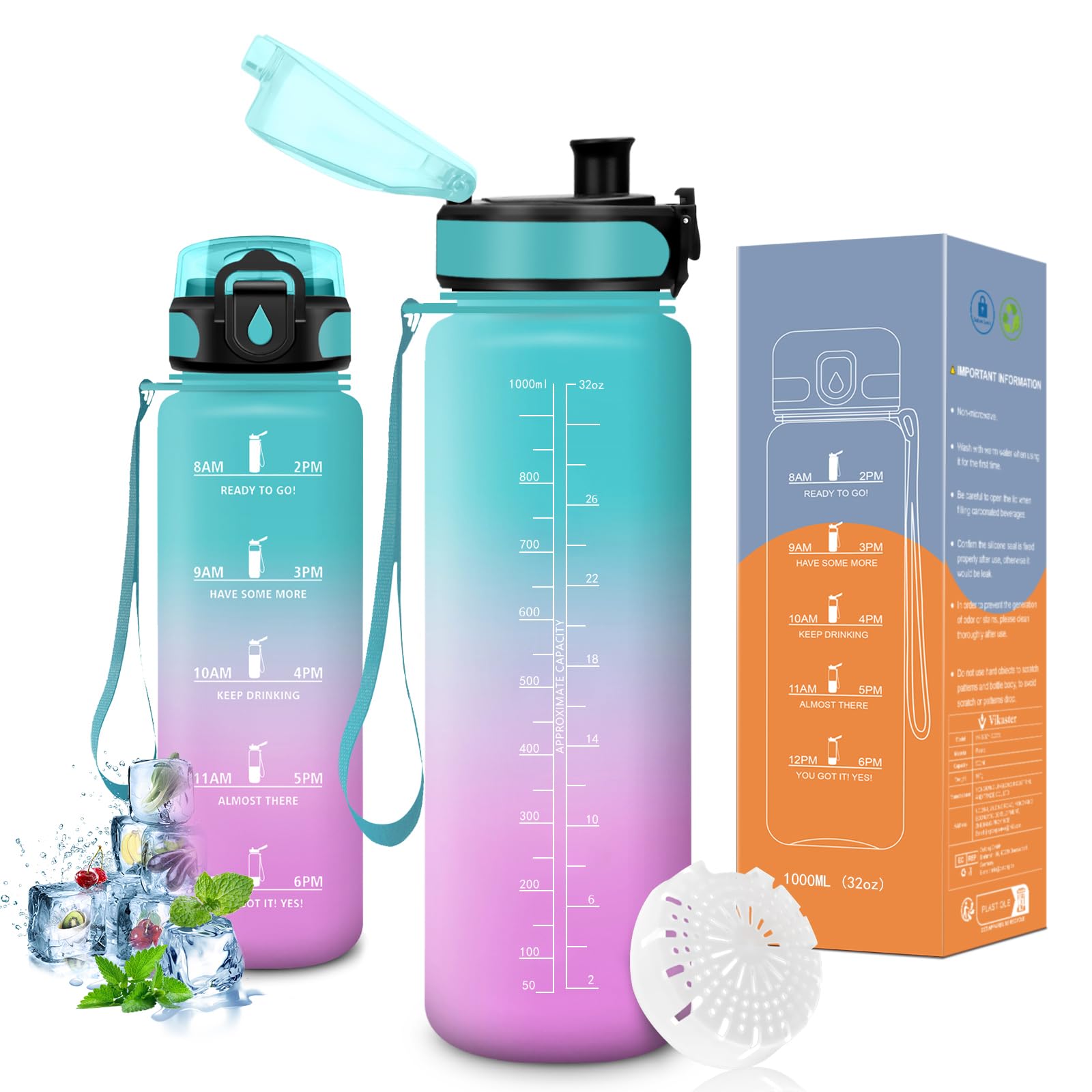 Vikaster Borraccia Sportiva, Borraccia 500ml/1000ml/1500ml, Senza BPA & Prova di Perdite, Bottiglia Acqua Bambini, Bici, Scuola, Palestra, Ufficio, Yoga