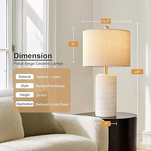 Miniatura 3 de PoKat - Juego de 2 lámparas de cerámica, 24 pulgadas, modernas, estilo rústico, para dormitorio, cabecera, mesita de noche, escritorio, sala de