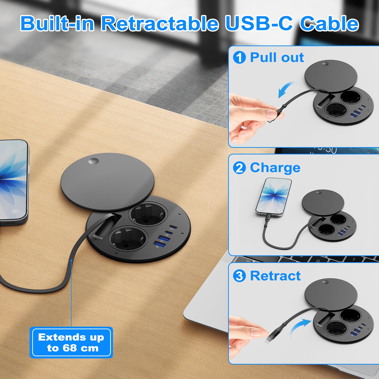 Enchufe empotrable USB-C PD 35W con Cable USB-C retráctil, Ø100 mm | Regleta empotrable con 3 salidas USB-C hasta 35W, 2 tomas, 2 USB-A 18W, tapa giratoria antipolvo, escritorio y encimera