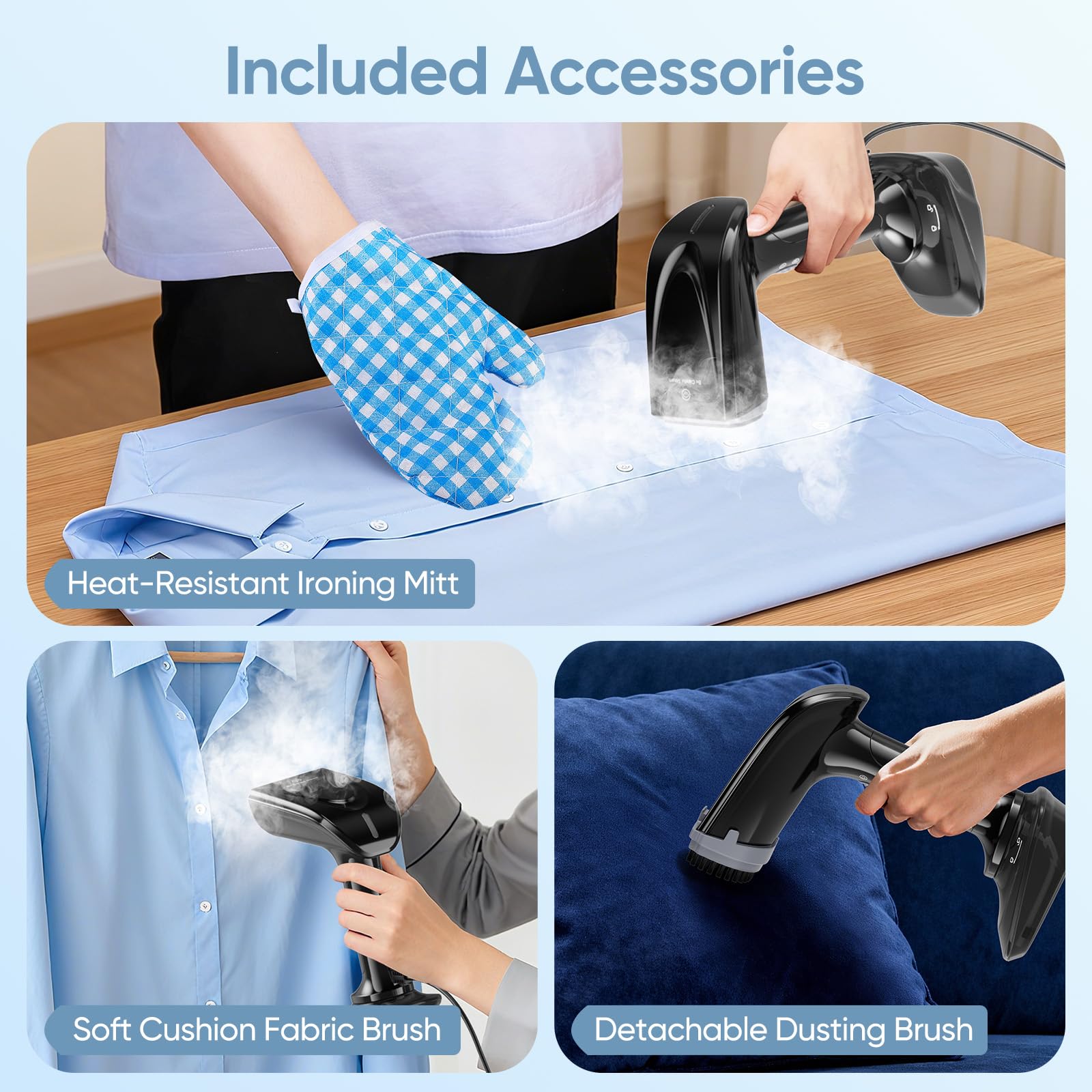 Lisseur à vapeur portable, 1200 W, temps de chauffe de 30 secondes, pression de vapeur de 23 g/min, réservoir d'eau amovible de 300 ml, fer à repasser et défroisseur 2 en 1, défroisseur à main (Noir)