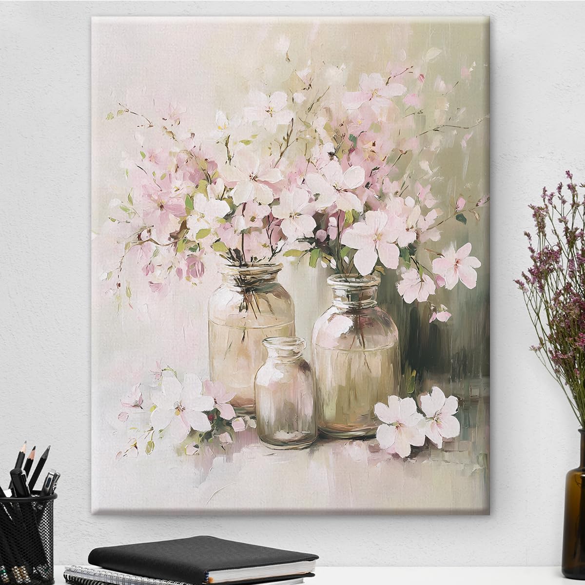 Framed Wall Art Decor Pink Flowers Canvas Print Poster Abstrac...