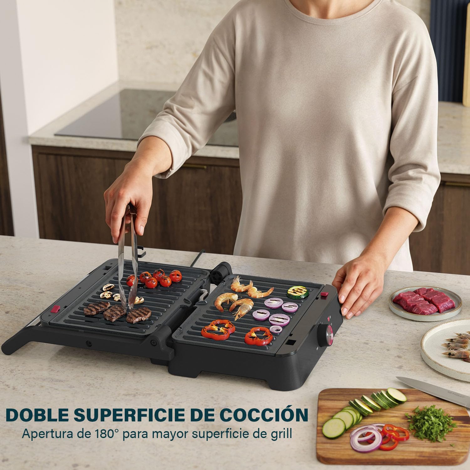 Princess Grill de Contacto, Apertura 180°, Placas Desmontables, Termostato Ajustable, Recogegrasas, Sin PFAS, 1500 W, Superficie 27,5 x 18 cm, Acero Inoxidable, 117502