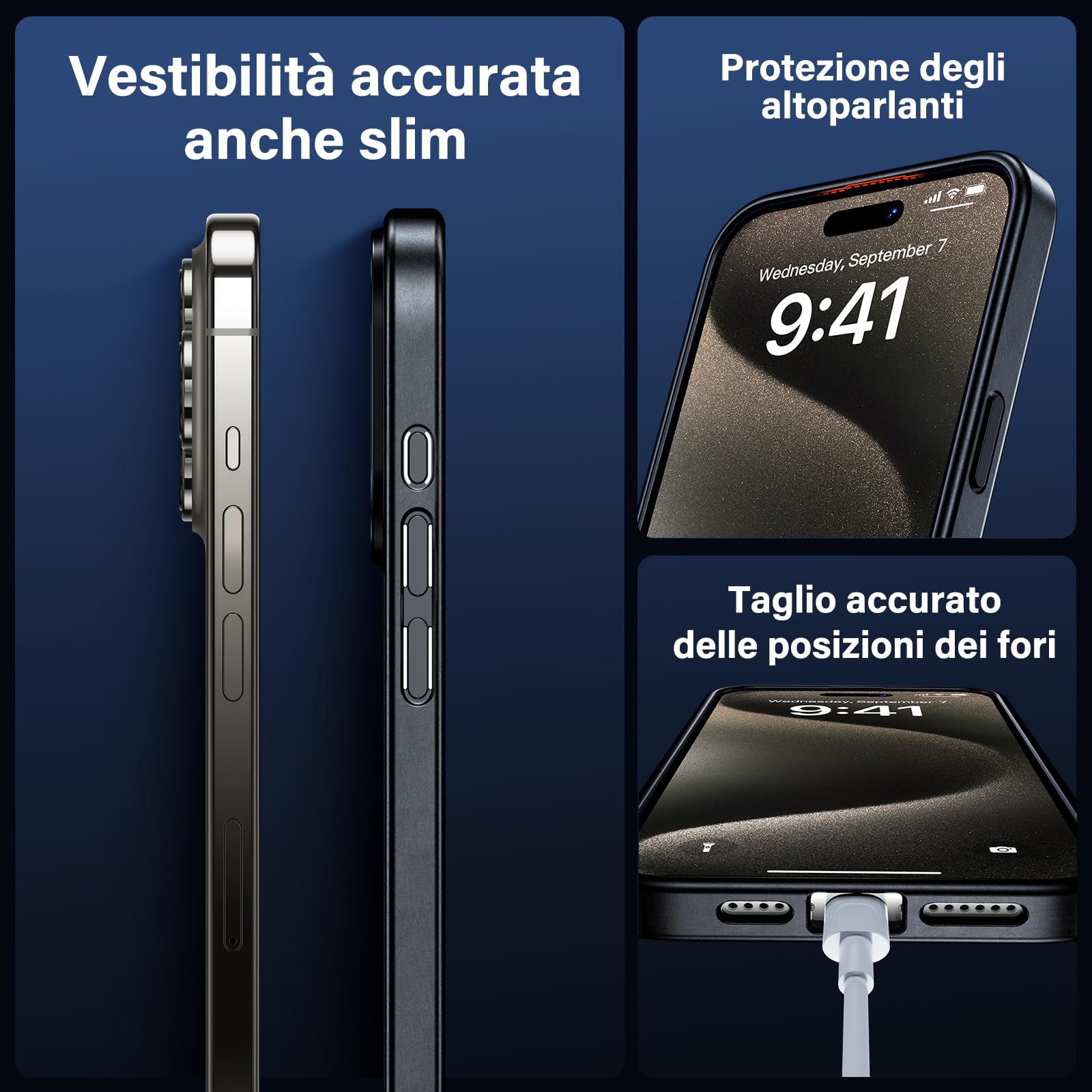 Cover IPhone 15 5 In 1: Custodia Trasparente + 2 Vetri Temperati + 2 Protezioni Fotocamera, Antiurto