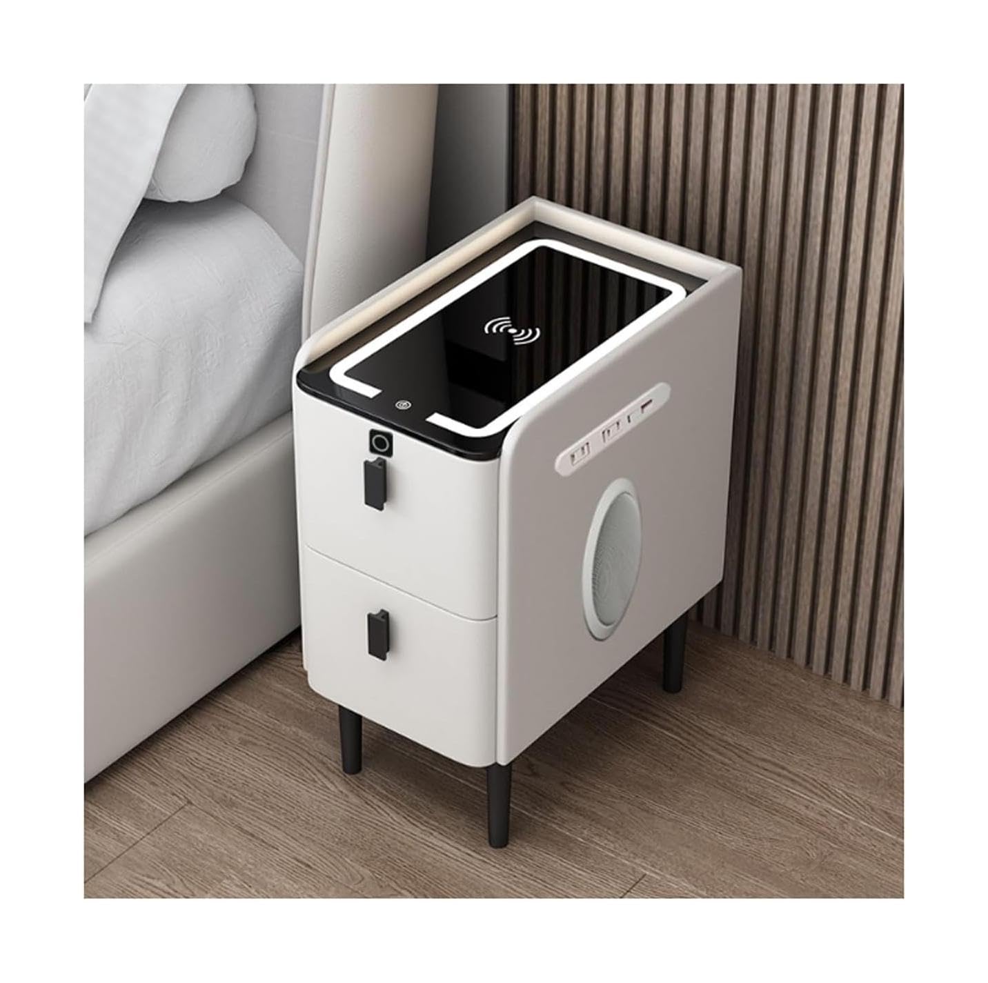 ASerZenith Simple Nightstand Smart Nightstand Leather End Table Wireless Charging Station Bedside Table Bluetooth Lock Usb 2 Drawers Led Vision,White-40X40X50Cm