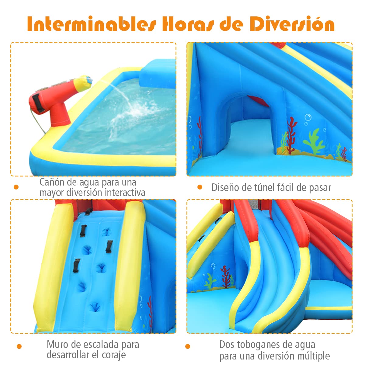 COSTWAY Tobogán Acuático Hinchable, Casa Inflable con Forma de Cangrejo con Pared para Escalar, Piscina e Hidrante, Bolsa de Transporte, Kit de Reparación, Manguera (con Soplador de 480 W)