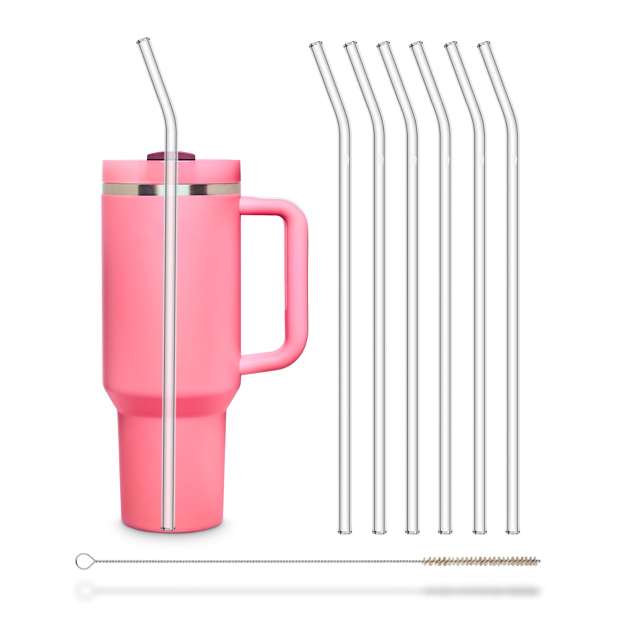 Halm Glass Drinking Straws Reusable Sip Tube - 6 Pieces Curved 30 cm for Stanley Cup Quencher Tumbler + Plastic-Free Cleaning Brush Dishwasher Safe - Glass Sip Tubes for Bottles