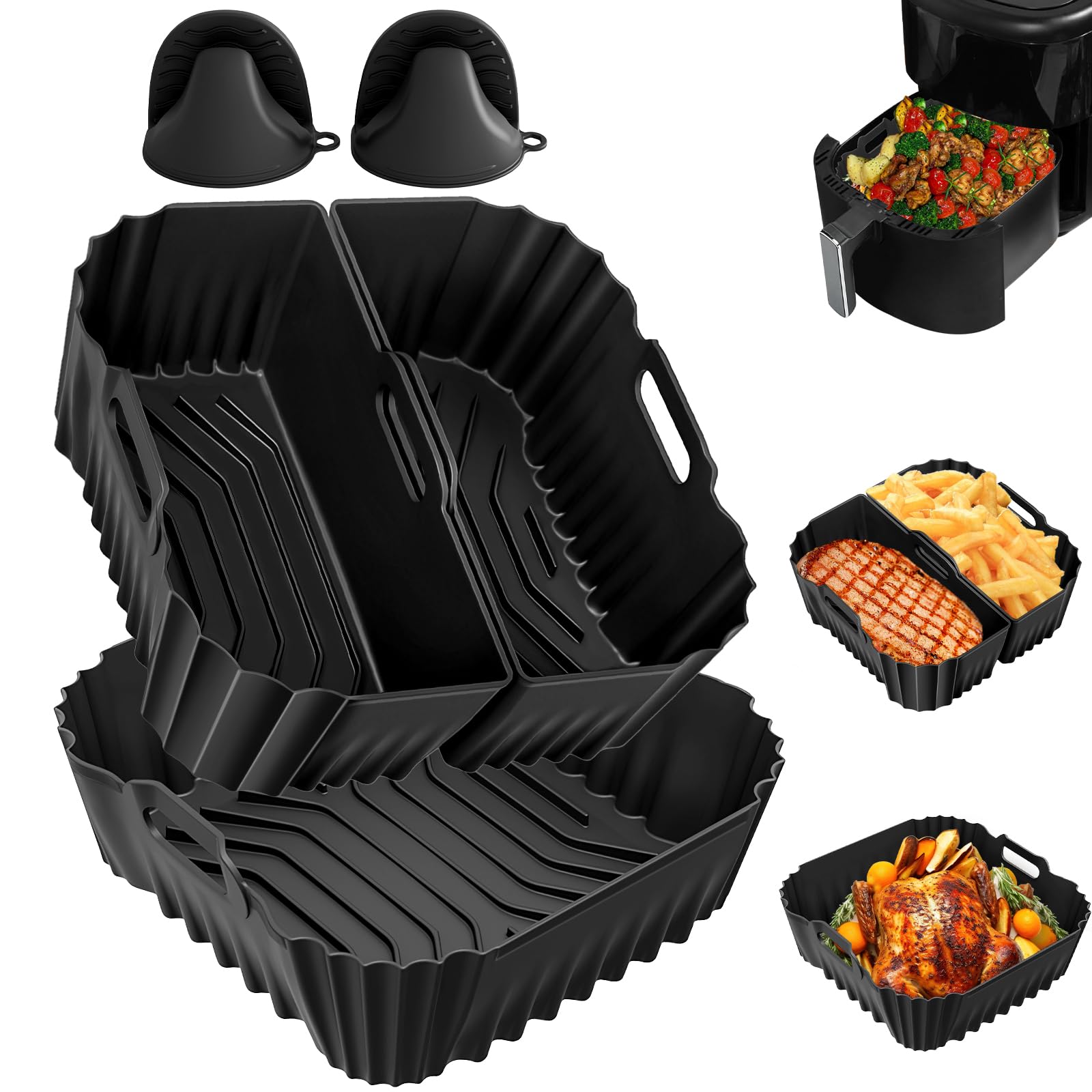 Molde Silicona Freidora de Aire para Cecotec 6L, 5 Piezas Silicona Air Fryer Freidora sin Aceite Accesorios Esenciales Reutilizables Recipientes Cuadrado sin BPA, Lavable a Máquina