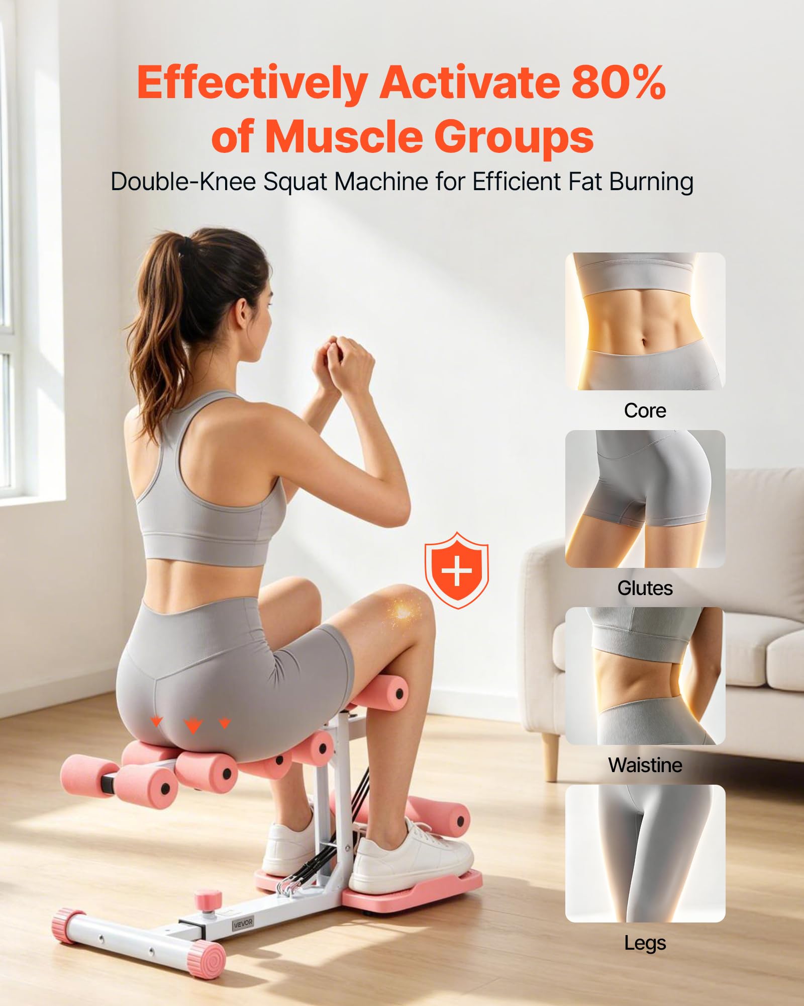 VEVOR Macchina per Squat Profondi Carico 136 kg Fitness Allenamento Casa, Allenatore per Glutei Regolabile con 3 Bande Elastiche Attrezzatura Pieghevole per Core da Palestra Domestica, Rosa e Bianco