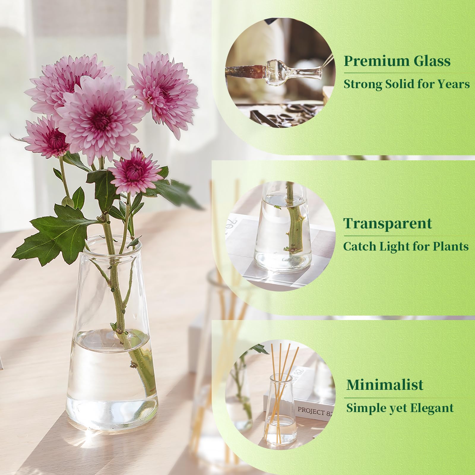 Hewory kleine glazen vaas voor bloemen set van 8, Mini Crystal Vase Bud Vase voor tafel Centrepiece Decoratie, thuis en woonkamer decor, decoratieve woonaccessoires