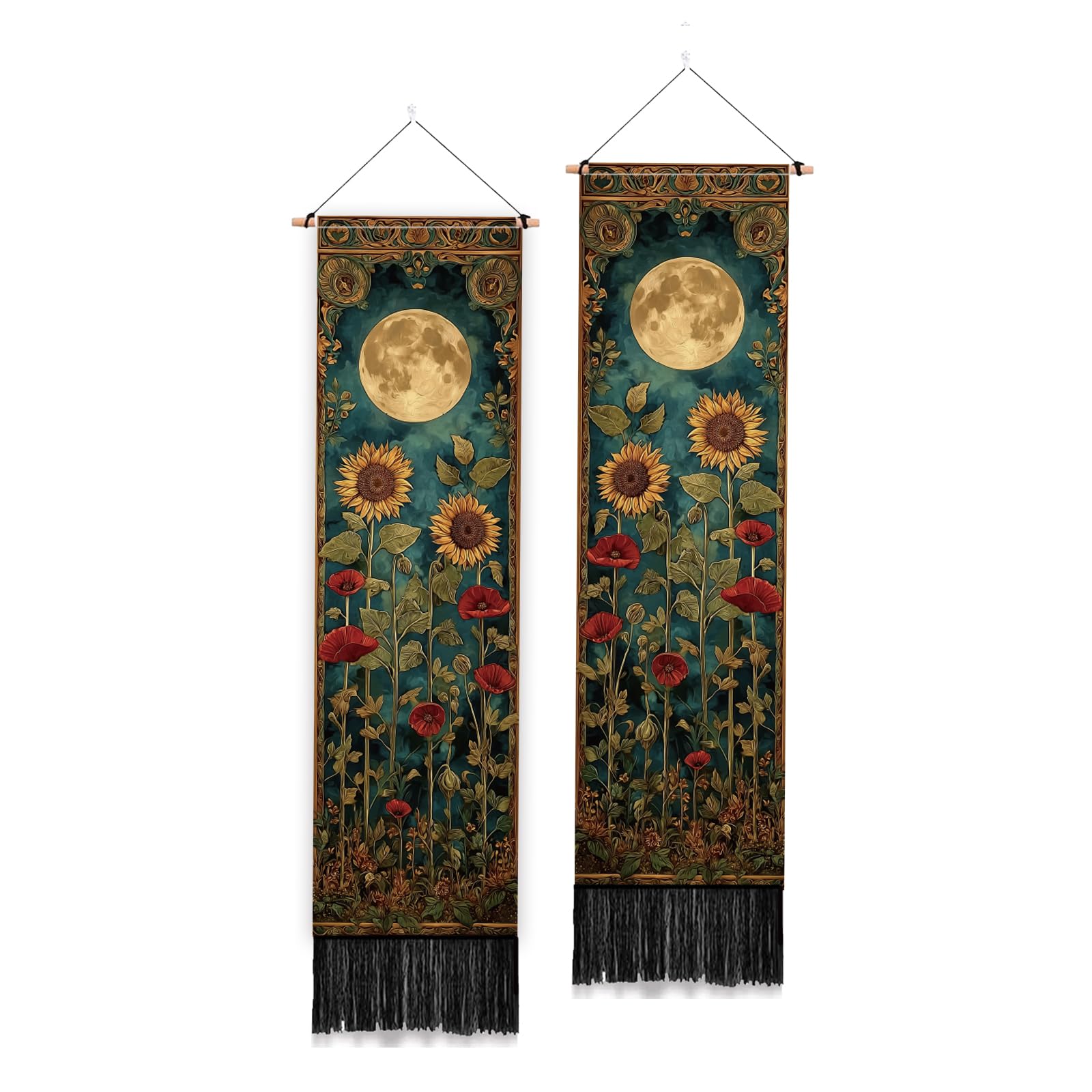 PLIGREAT Pack of 2 Moonlit Garden Wall Tapestry, Vintage Floral Long Vertical Tapestry Aesthetic Wall Hanging with Tassels for Bedroom Living Room Home Art Decor, 130 x 33cm