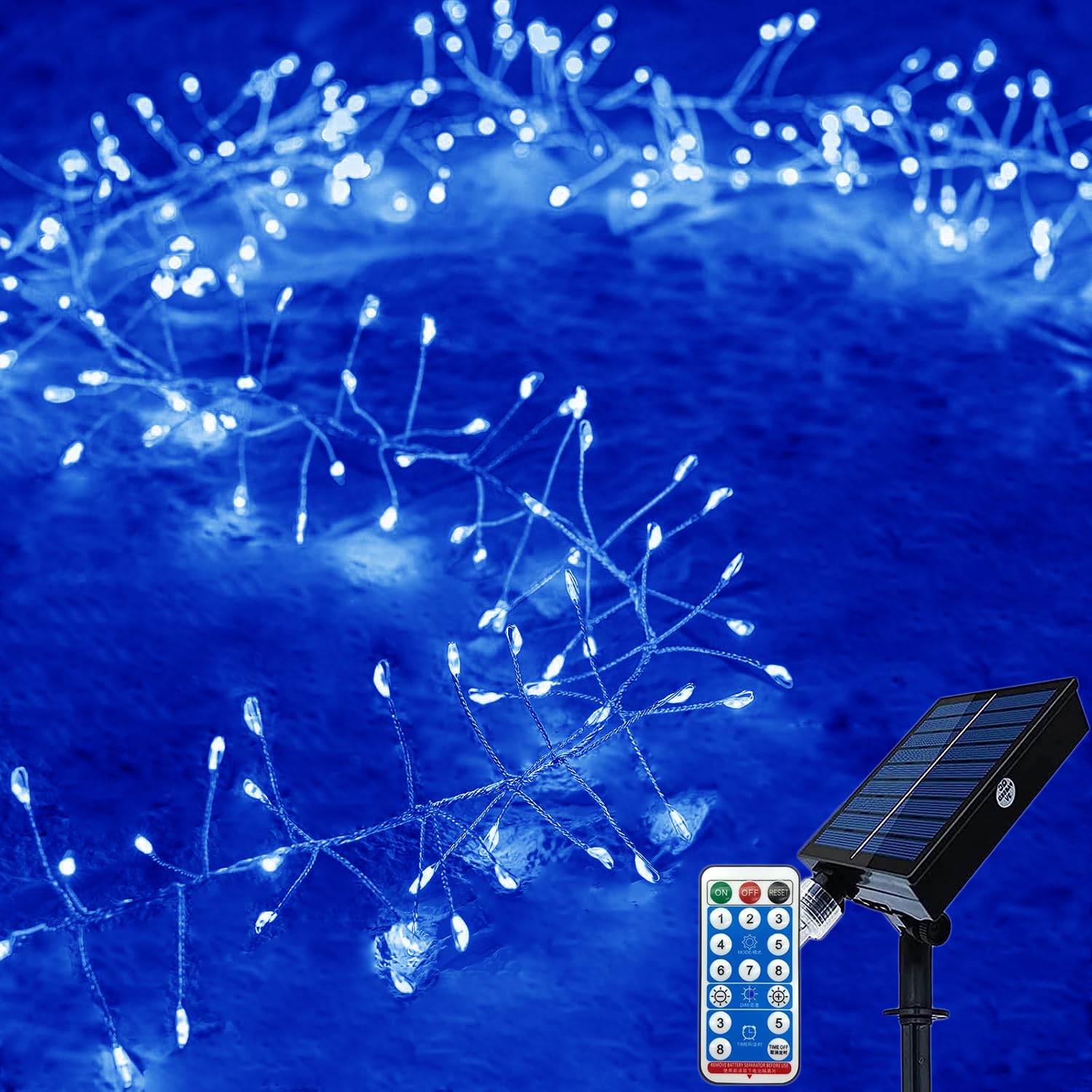 KINGCOO Solar Firecracker Lights Outdoor, Waterproof 29.5FT 300LED Silver Wire Cluster Fairy String Lights with Remote for DIY Bedroom Curtain Window Wedding Christmas Party Decoration (Blue)