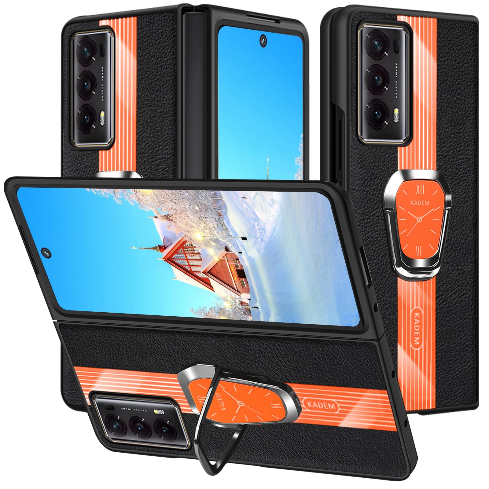 Coque Honor Magic V2 5G antichoc en cuir orange pour éviter les rayures de charnière - 8