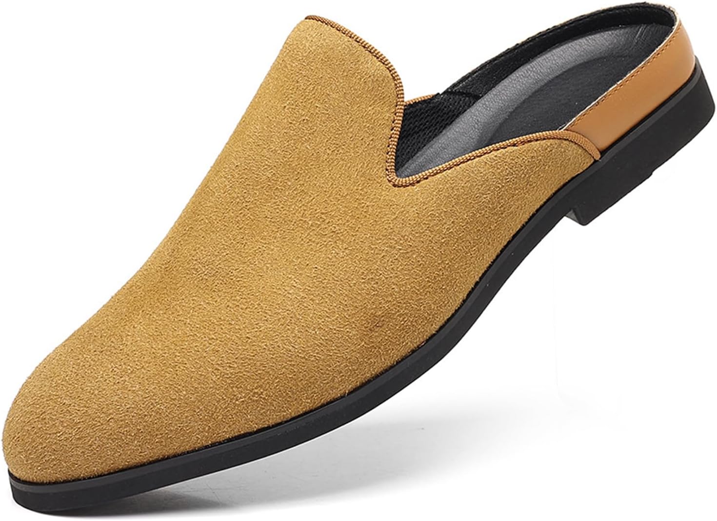 Mens Suede Round Toe Low Heel Mules Retro Comfortable Slip On Low Heel Backless Loafers for Business Work Daily