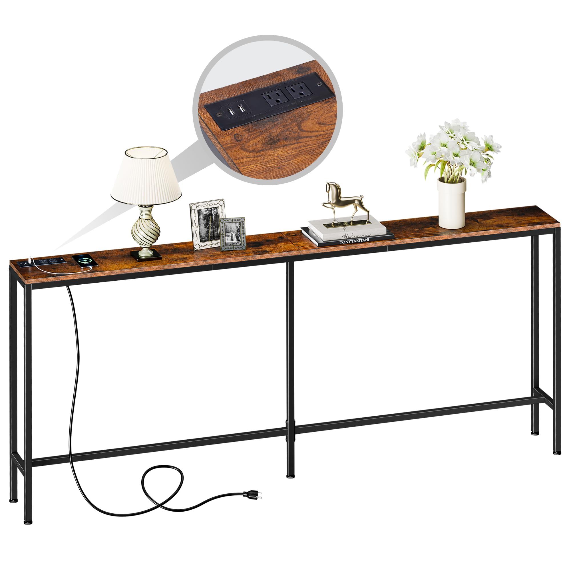 SUPER DEAL 70 8 Inch Narrow Console Table with Power Outlet Industrial Long Sofa Table with USB Ports