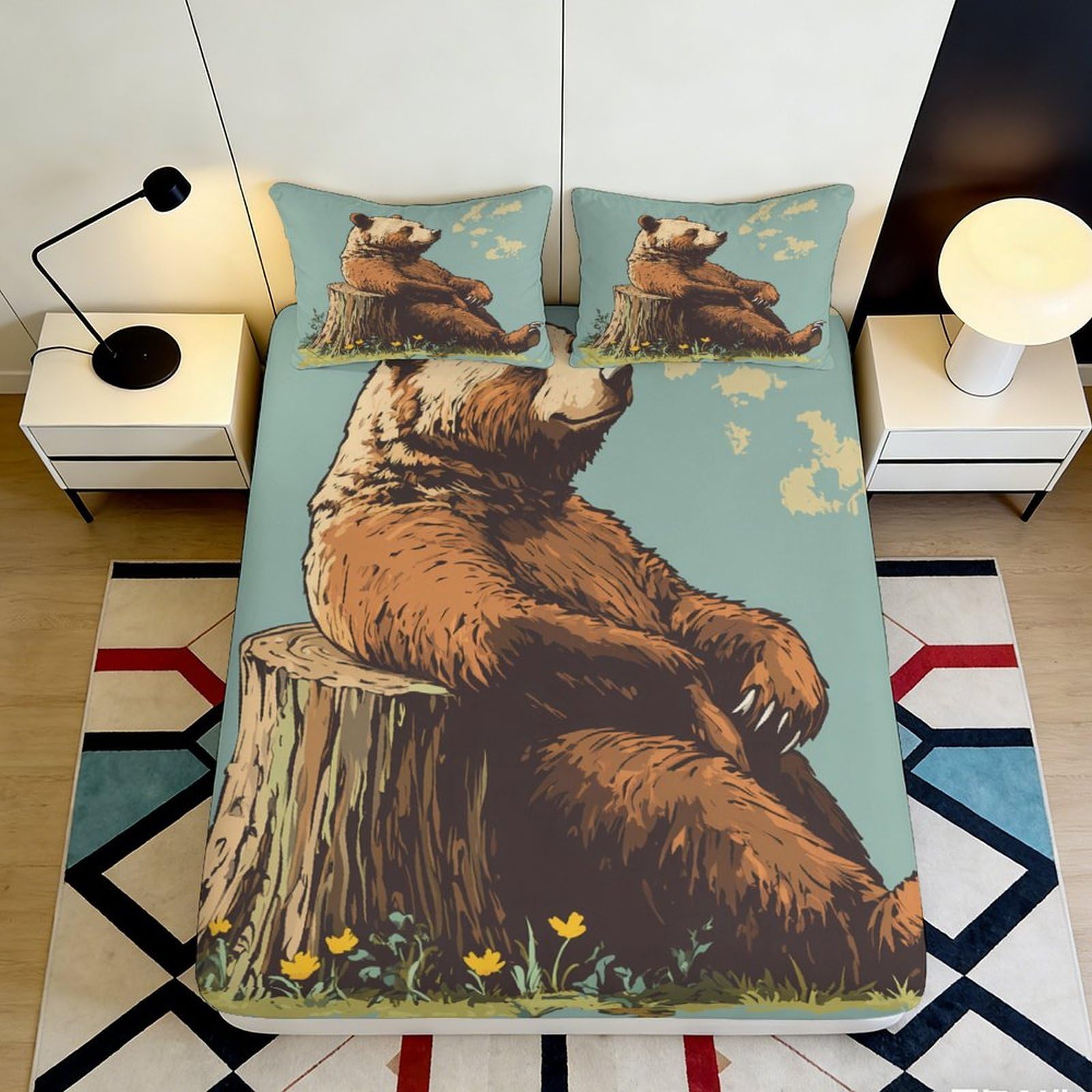 3D Printed Bear Fitted Sheet Microfiber Non-Slip Deep Pocket Bear Mattress Fitted Cover for Bedroom 90x200x25cm