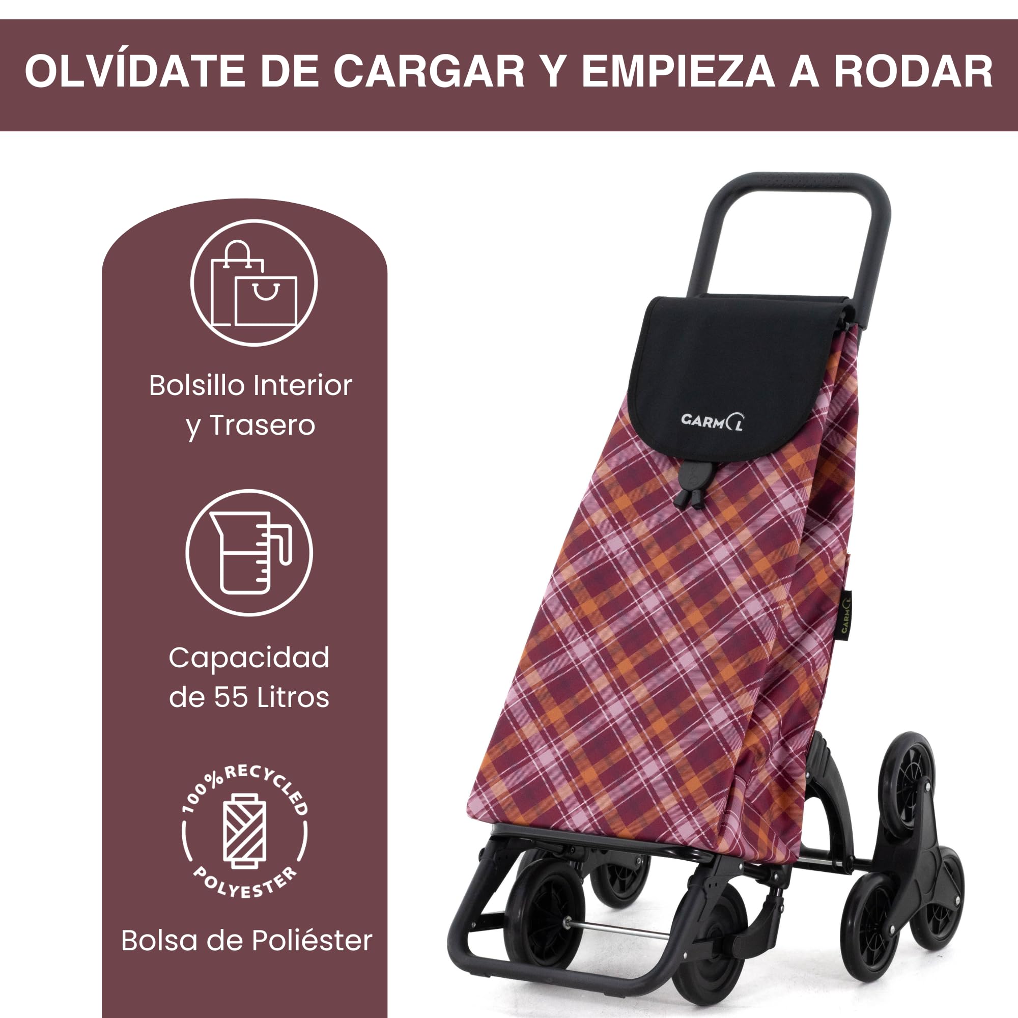 GARMOL Carro de la Compra Plegable 55 litros | Carro de la Compra 8 Ruedas Sube Escaleras de Gran Capacidad | Carrito Compra Plegable Color Granate