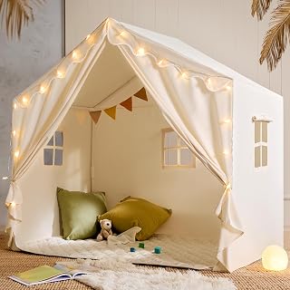 Tiny Land Kids Teepee Tent with Mat & Star Lights - 57x36x52 Indoor Playhouse Reading Nook for Toddlers Boys Girls