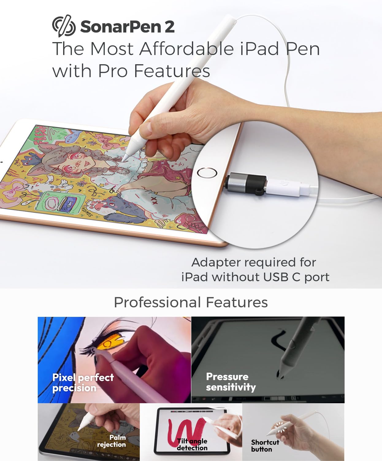 SonarPen 2 - Lápiz capacitivo sensible a la presión para iPad con 2.000 lecciones de dibujo