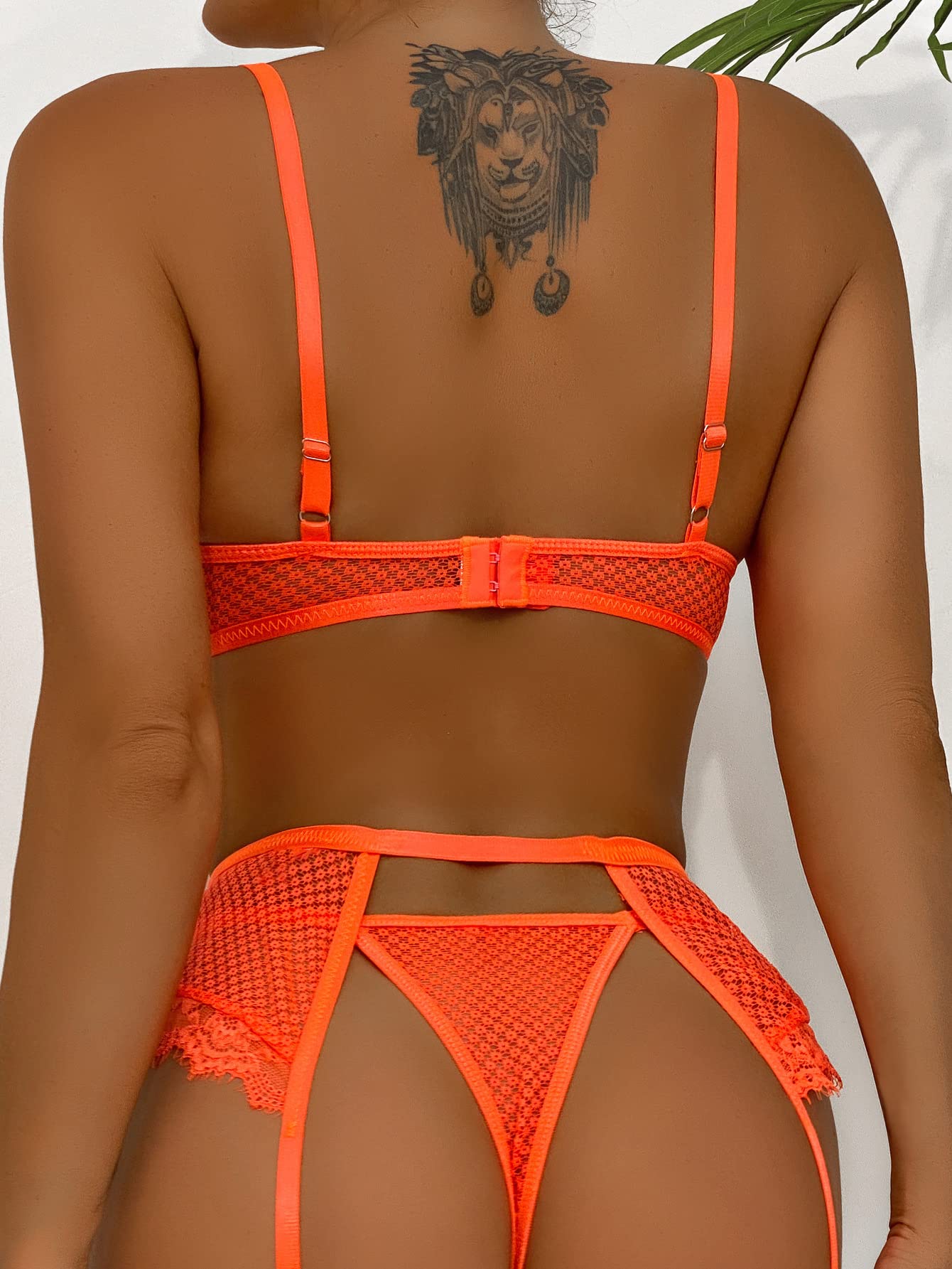 Aranmei Women’s Sexy Eyelash Fishnet Lingerie Set Chain Babydoll Underwire Bra and Panty Sets with Garter Belt 4 Pieces: XX-Large Orange