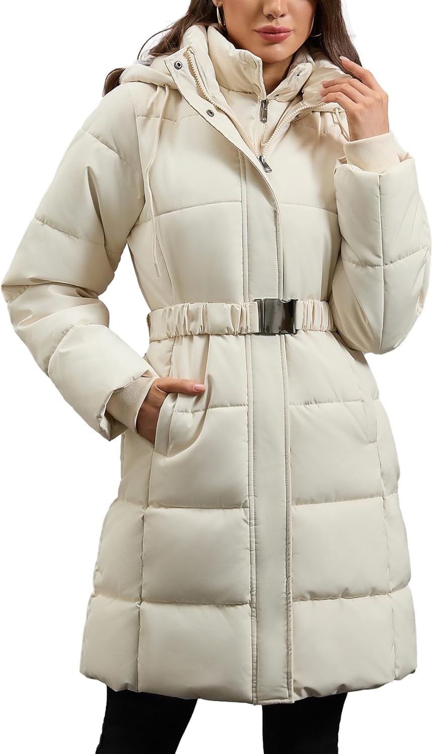 Women's Long Winter Puffer Coat Fleece Lining Waterproof Hooded Parka with Removable Belt