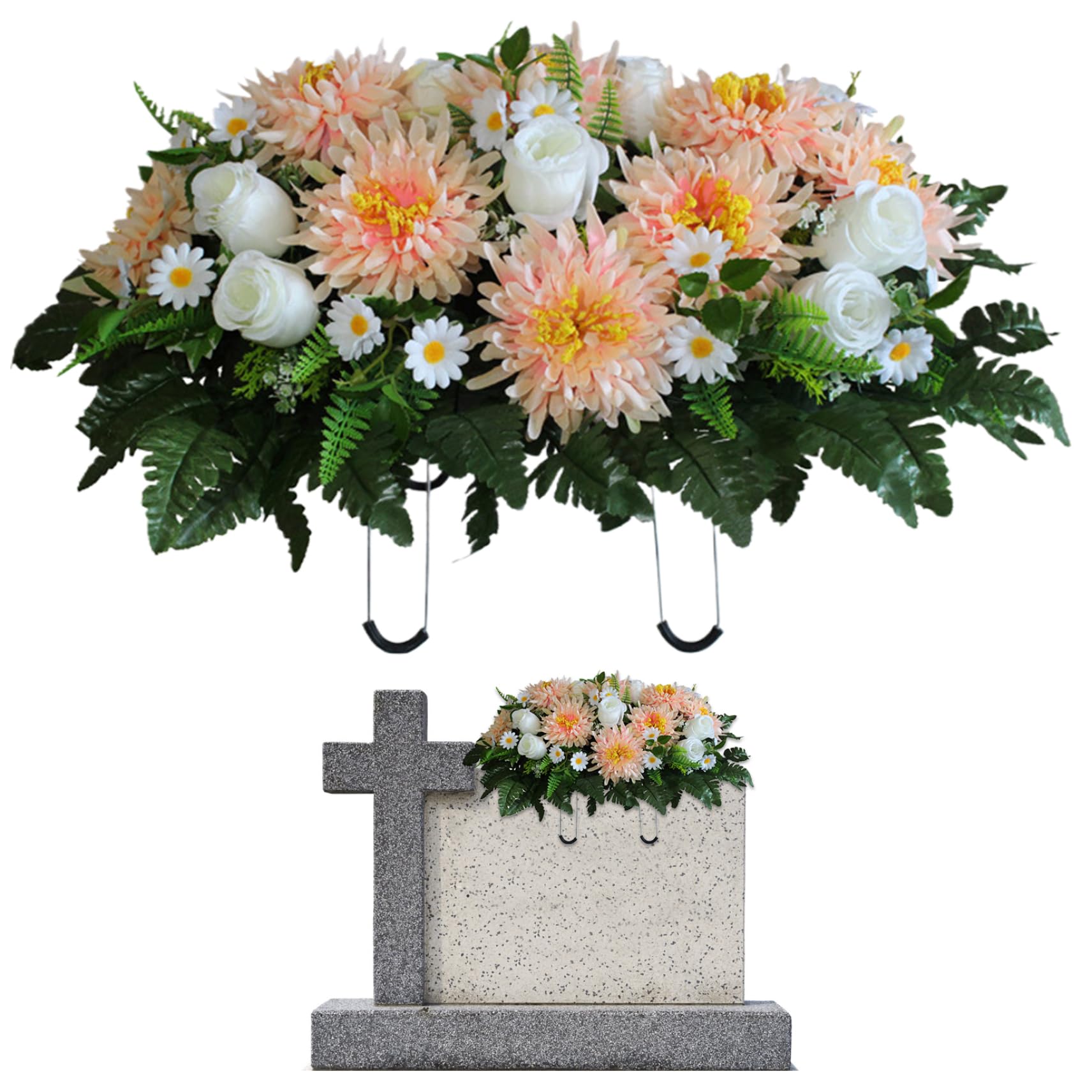 Wedhapy Grave Flowers for Cemetery Artificial Grave Flowers Realistic Cemetery with Saddle Silk Chrysanthemum 25.2x18.5in Memorial, Champagne