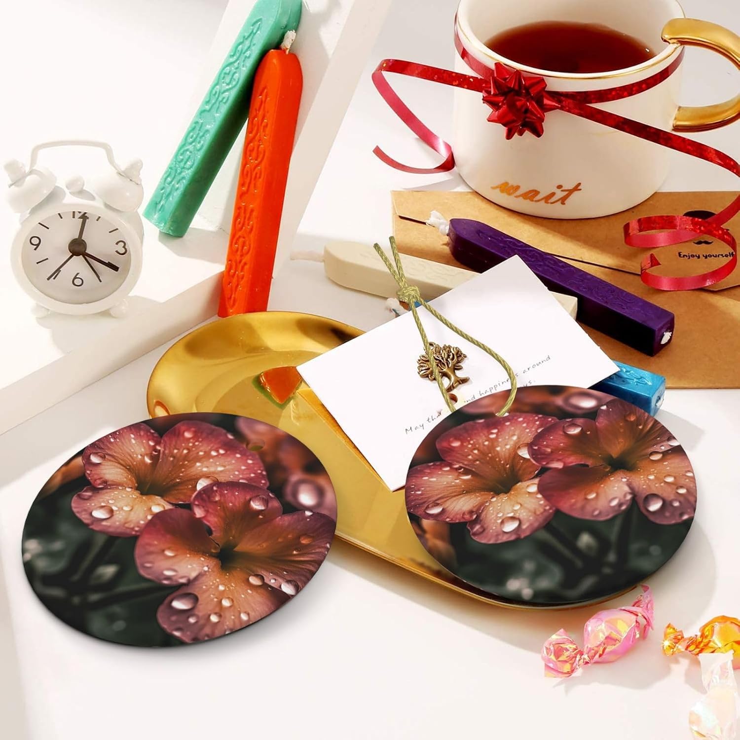 Flower Raindrops Print Christmas Ornament Round Xmas Ornament Hanging Ornaments for Christmas Tree Xmas Home Party Holiday Decoration Supplies Gift