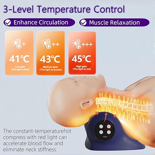 Miniatura 3 de Stellamist - Almohada masajeadora de cuello, dispositivo de tracción de cuello, estirador de cuello portátil con calor, 3 modos ajustables,