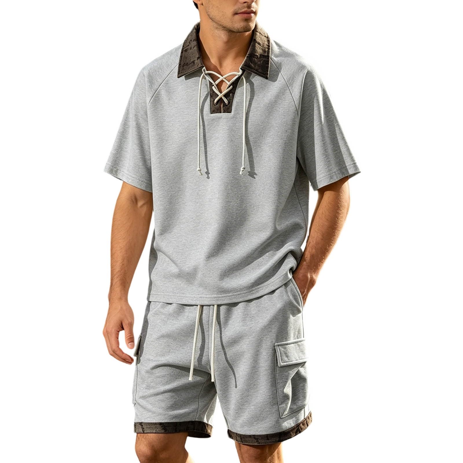 Tuta da jogging da uomo, due pezzi, polo e pantaloncini, con coulisse, estiva, per il tempo libero, abbigliamento sportivo, con risvolto, tuta da allenamento per attività all'aperto