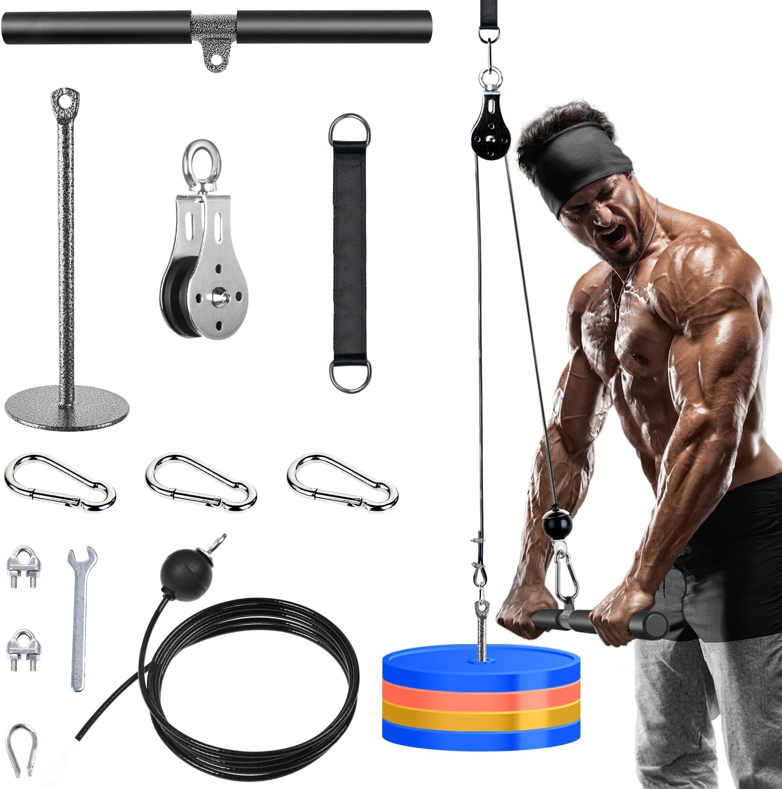 Lat Pull Down Pulley System with Straight Bar, Adjustable Weight Cable Pulley System Home Gym Machine Attachments for Tricep Bicep Chest Arm Back Fitness Home Workout Equipment