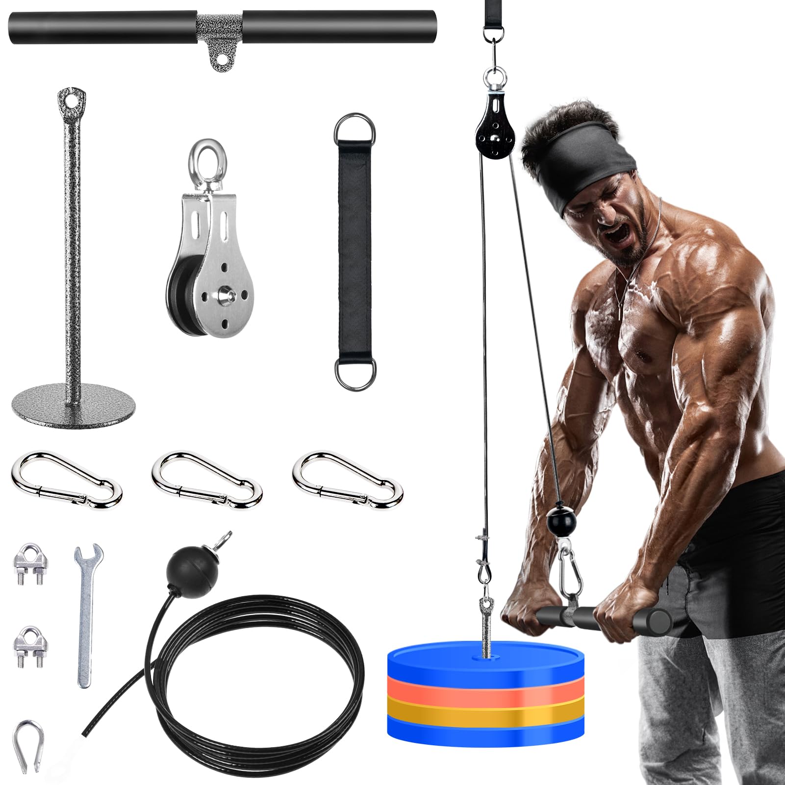 System bloczków LAT PULL DOWN z prostym drążkiem, regulowany system bloczków z obciążeniem – akcesoria do treningu w domu (triceps, biceps, klatka, ramiona, plecy)